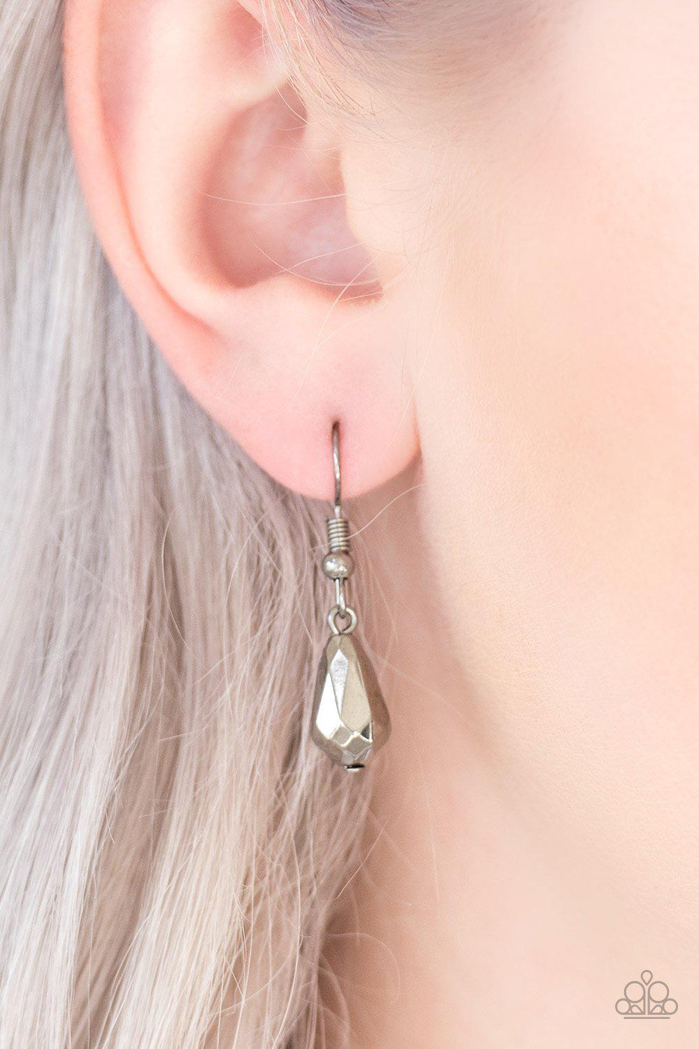 Prima Diva Gunmetal Black Teardrop Fringe Necklace - Paparazzi Accessories - free matching earrings -CarasShop.com - Paparazzi Jewelry by Cara Jewels