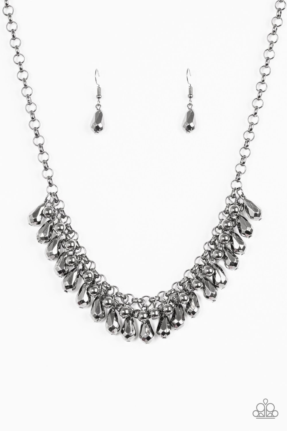 Prima Diva Gunmetal Black Teardrop Fringe Necklace - Paparazzi Accessories- lightbox - CarasShop.com - Paparazzi Jewelry by Cara Jewels