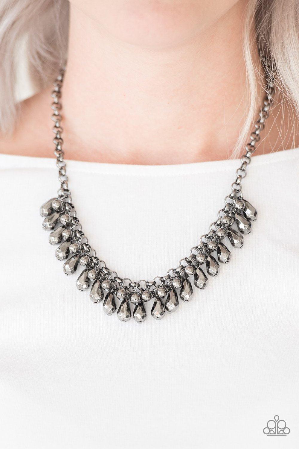 Prima Diva Gunmetal Black Teardrop Fringe Necklace - Paparazzi Accessories- on model - CarasShop.com - Paparazzi Jewelry by Cara Jewels