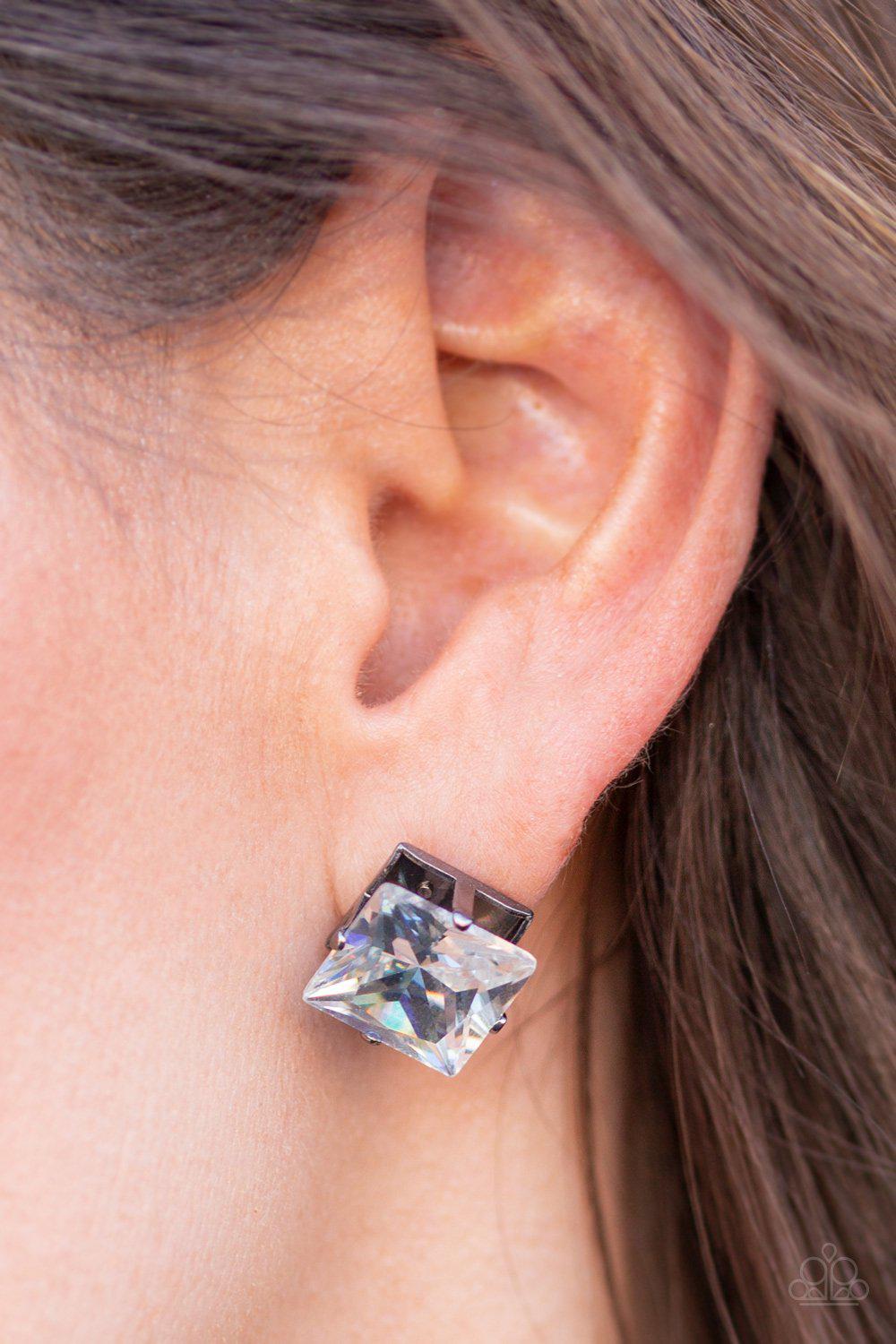 Prima Donna Drama Gunmetal Black and White Rhinestone Post Earrings - Paparazzi Accessories- lightbox - CarasShop.com - Paparazzi Jewelry by Cara Jewels