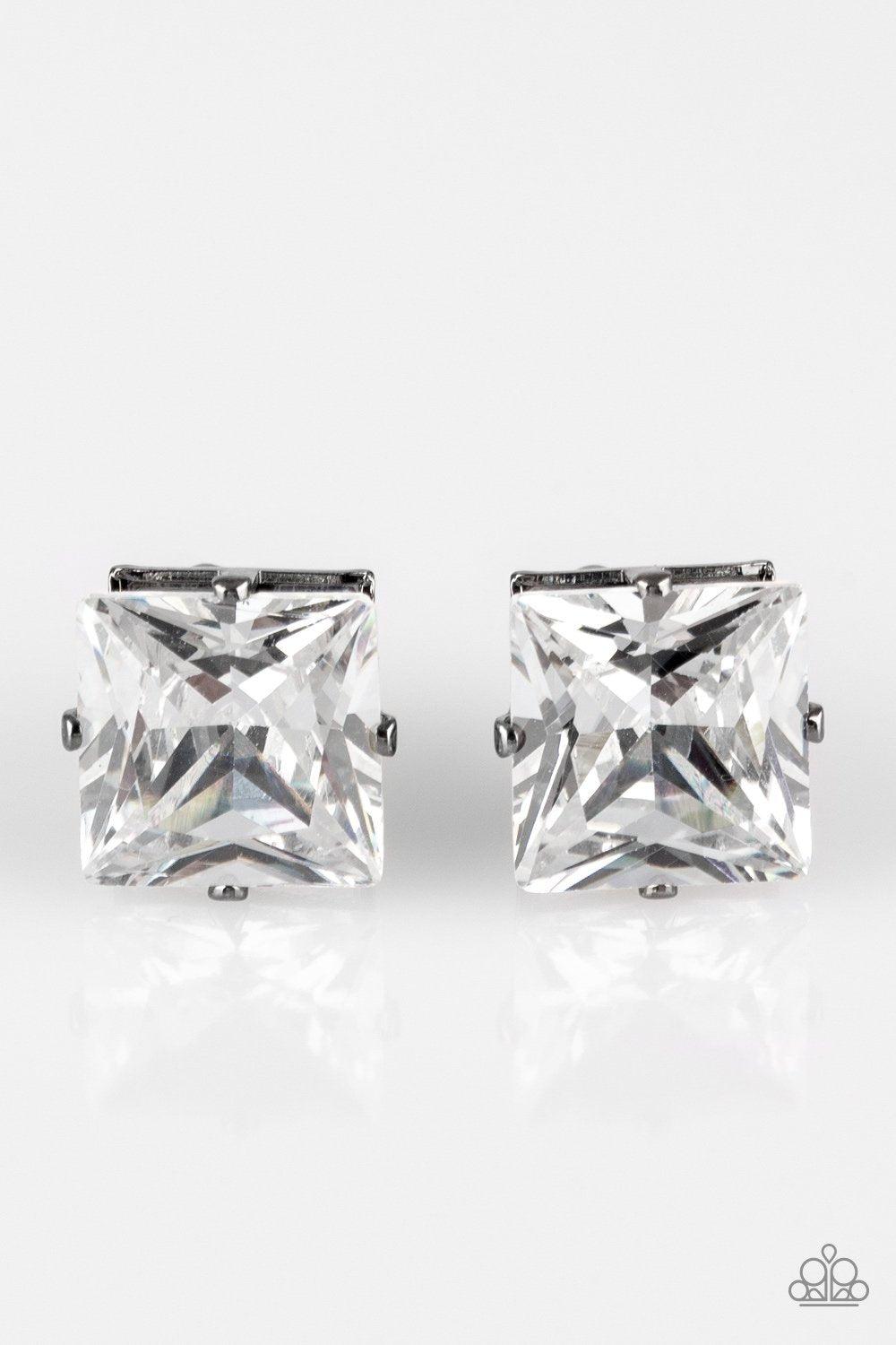 Prima Donna Drama Gunmetal Black and White Rhinestone Post Earrings - Paparazzi Accessories- on model - CarasShop.com - Paparazzi Jewelry by Cara Jewels