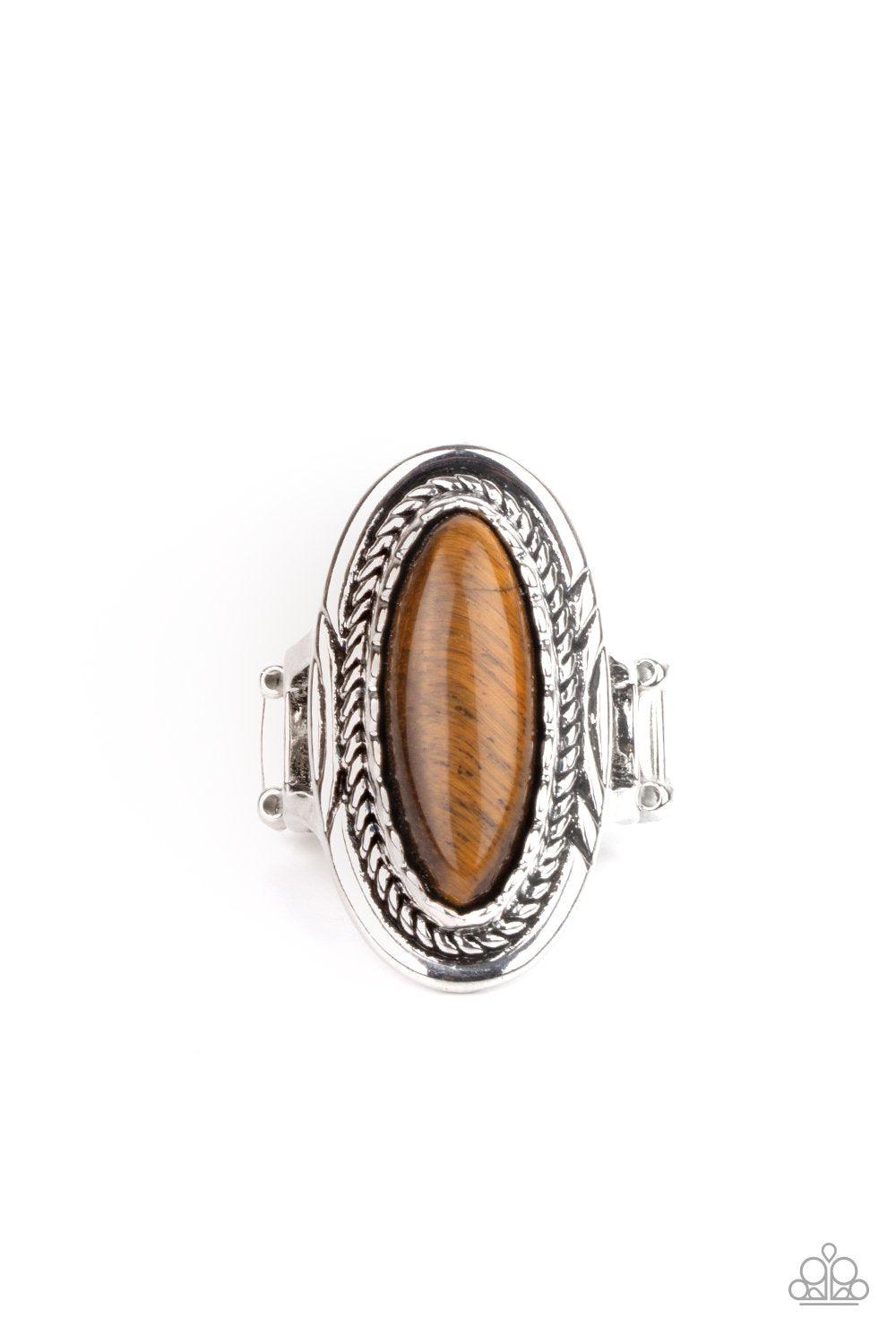 Primal Instincts Brown Tiger Eye Stone Ring - Paparazzi Accessories- on model - CarasShop.com - Paparazzi Jewelry by Cara Jewels