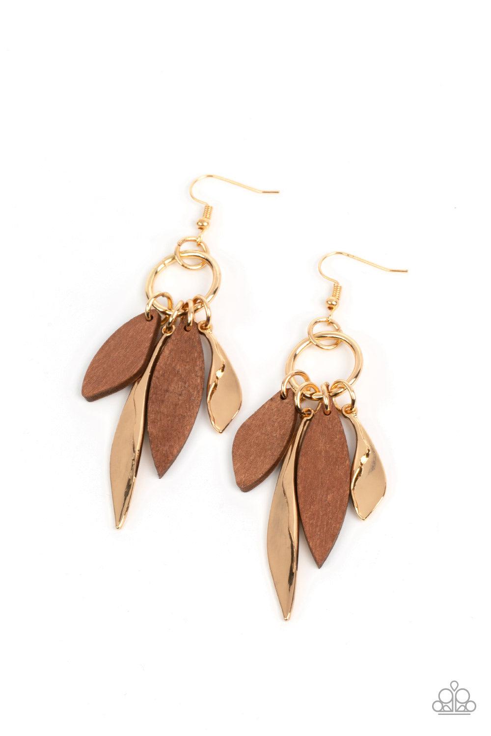 Primal Palette Gold & Wood Earrings - Paparazzi Accessories- lightbox - CarasShop.com - Paparazzi Jewelry by Cara Jewels