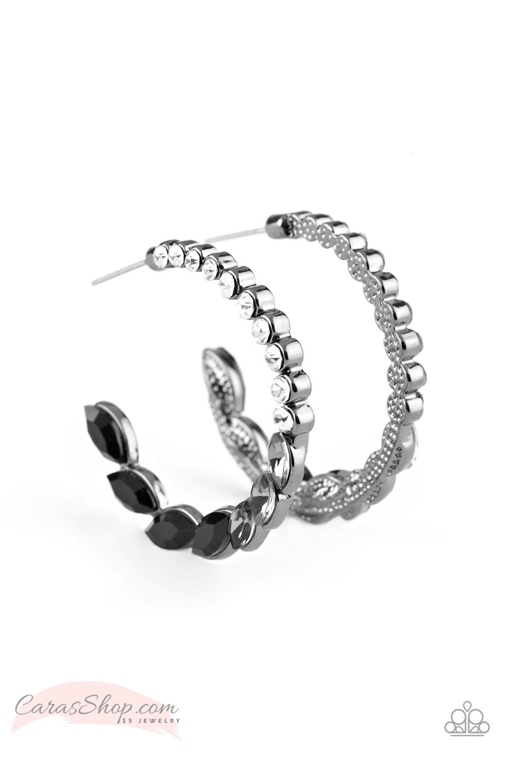 Prime Time Princess - Black Rhinestone Hoop Earrings - Paparazzi Accessories- lightbox - CarasShop.com - Paparazzi Jewelry by Cara Jewels