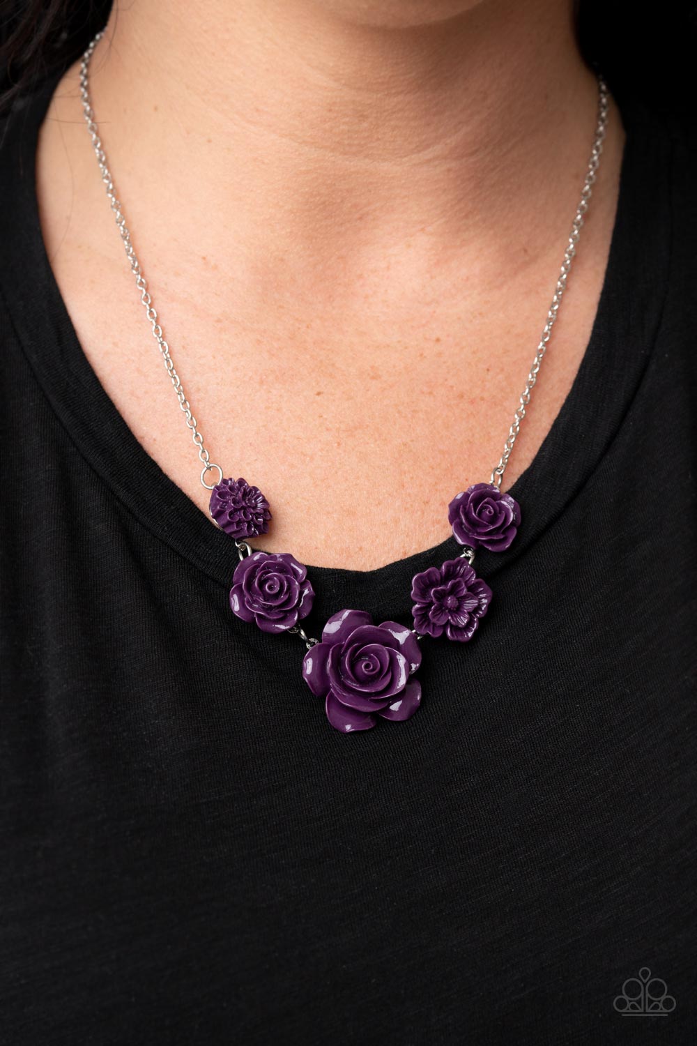 PRIMROSE and Pretty Purple Flower Necklace - Paparazzi Accessories- on model - CarasShop.com - Paparazzi Jewelry by Cara Jewels