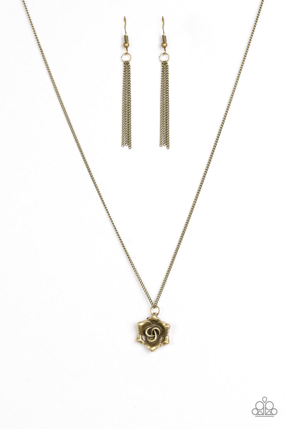 Primrose Path Brass Flower Necklace - Paparazzi Accessories - free matching earrings -CarasShop.com - Paparazzi Jewelry by Cara Jewels
