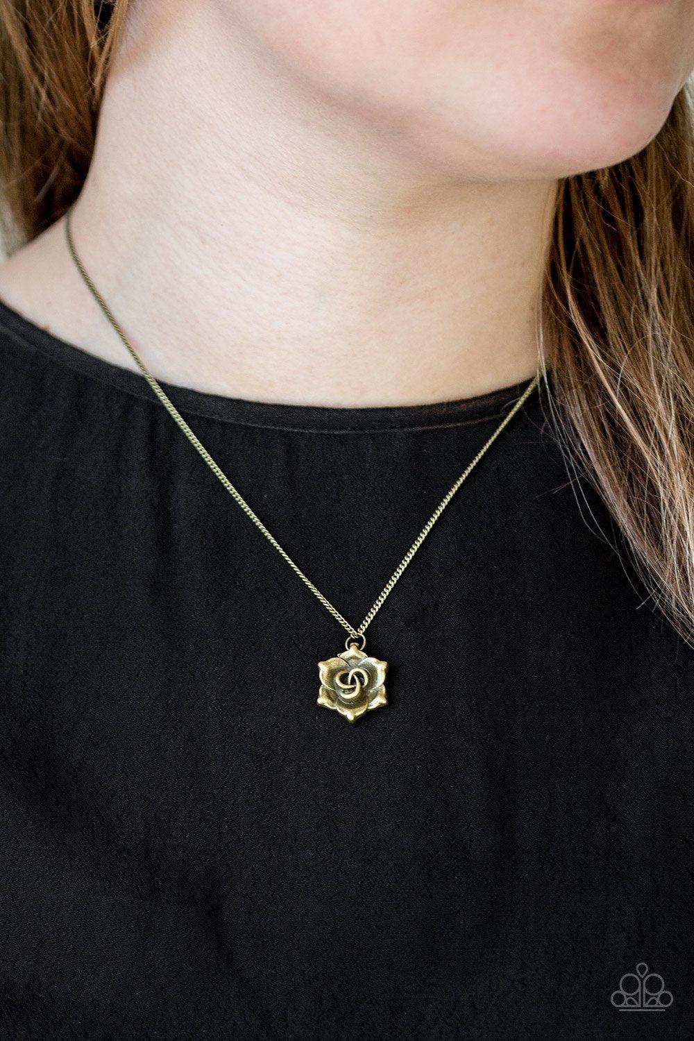 Primrose Path Brass Flower Necklace - Paparazzi Accessories- lightbox - CarasShop.com - Paparazzi Jewelry by Cara Jewels