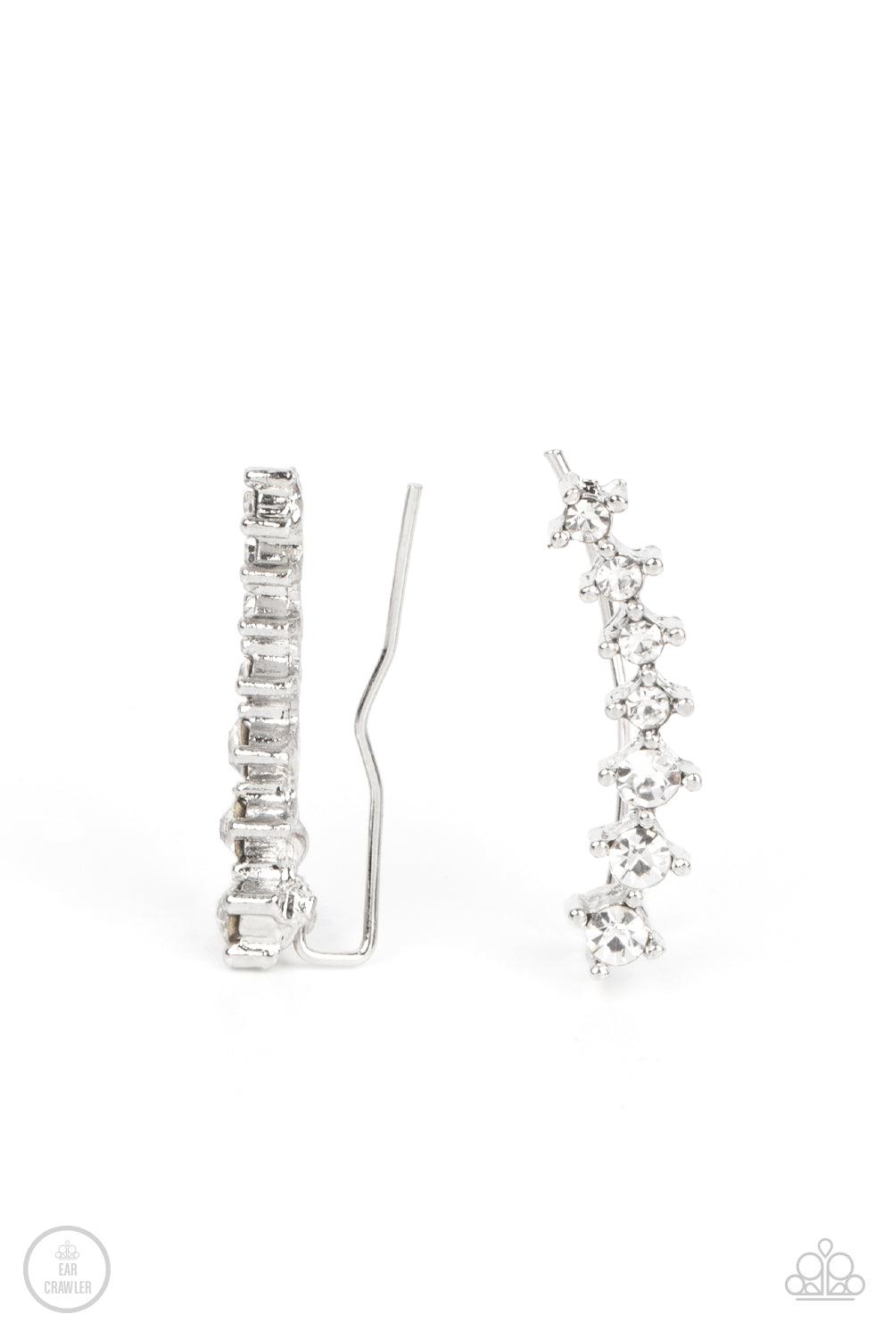 PRISMATIC and Proper White Rhinestone Ear Crawler Earrings - Paparazzi Accessories- lightbox - CarasShop.com - Paparazzi Jewelry by Cara Jewels