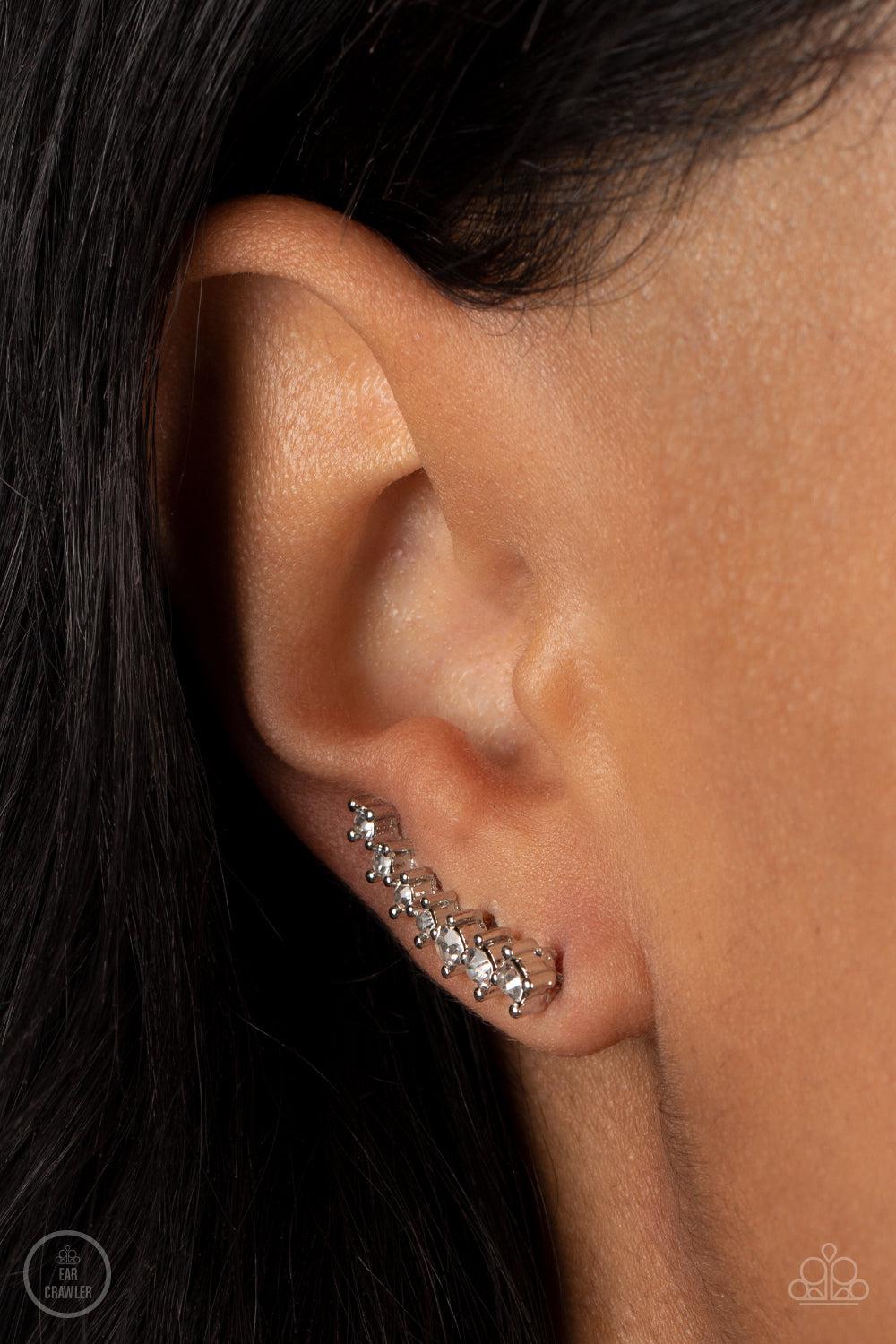 PRISMATIC and Proper White Rhinestone Ear Crawler Earrings - Paparazzi Accessories- on model - CarasShop.com - Paparazzi Jewelry by Cara Jewels