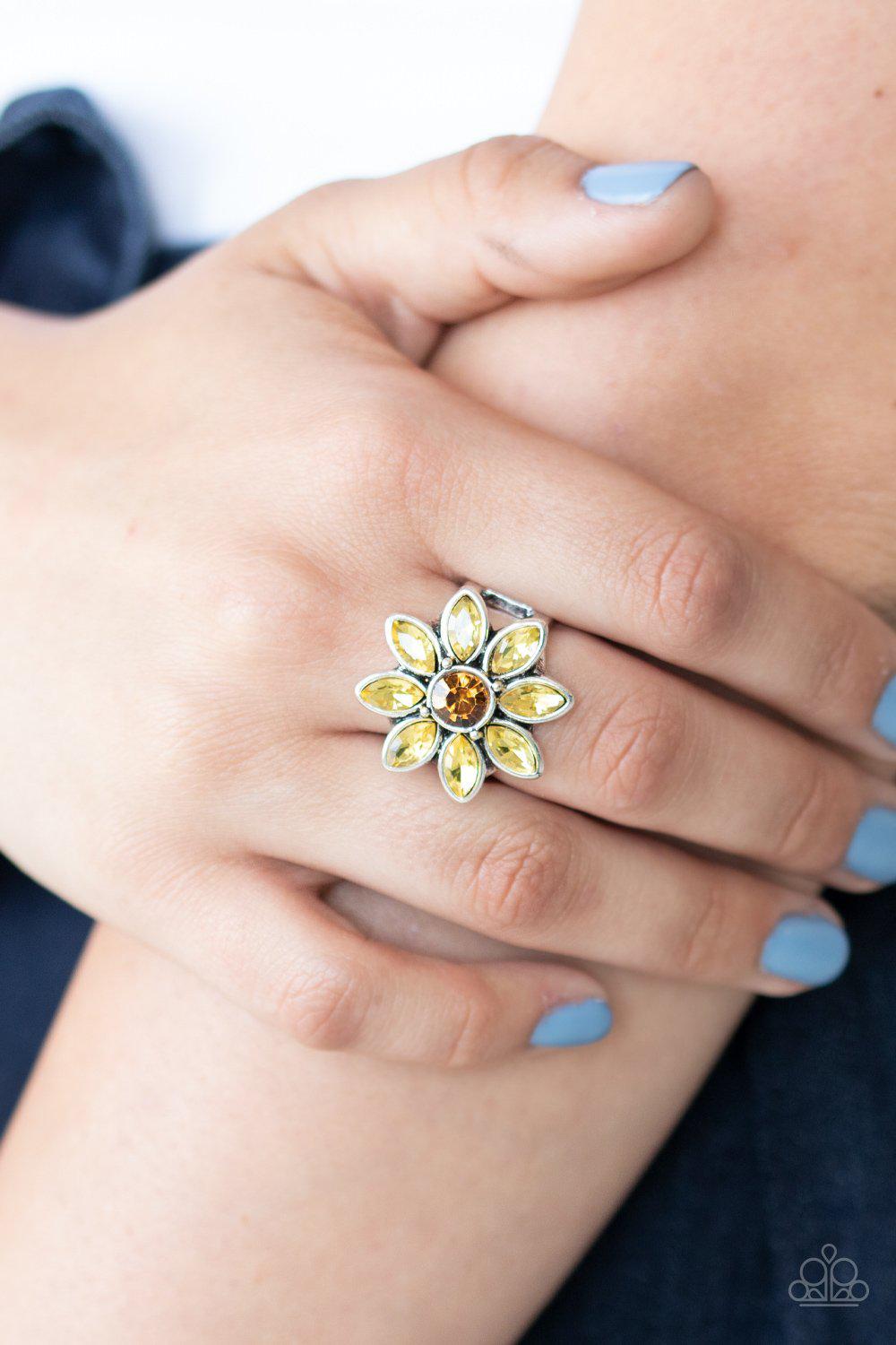 Prismatic Petals Yellow Rhinestone Flower Ring - Paparazzi Accessories- lightbox - CarasShop.com - Paparazzi Jewelry by Cara Jewels