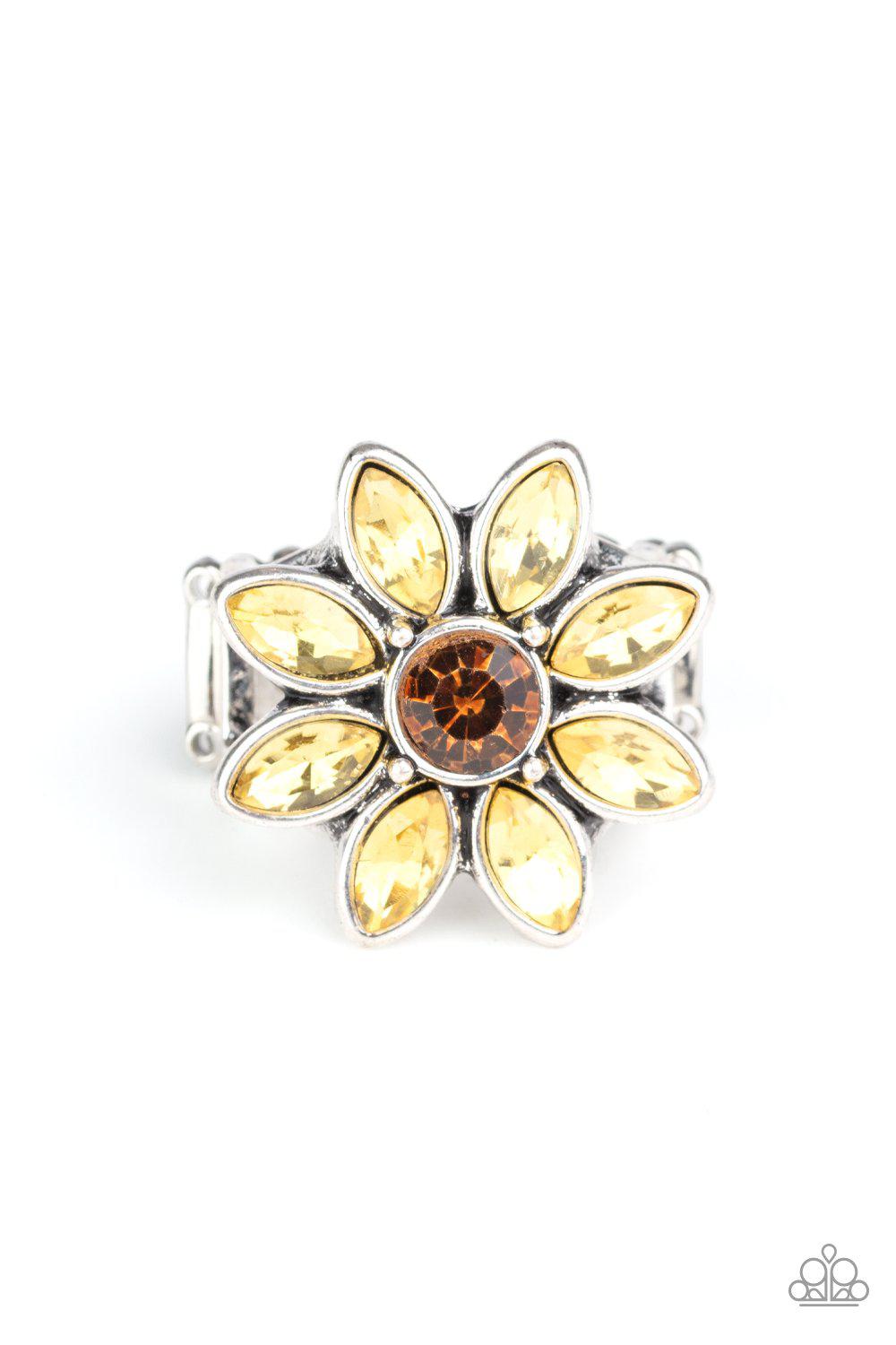 Prismatic Petals Yellow Rhinestone Flower Ring - Paparazzi Accessories- on model - CarasShop.com - Paparazzi Jewelry by Cara Jewels
