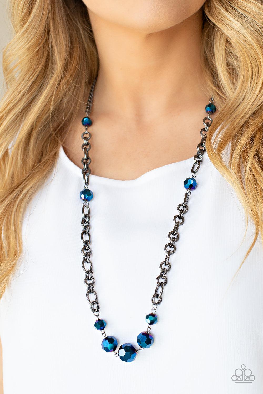 Prismatic Pick-Me-Up Multi "Oil Spill" Blue & Gunmetal Necklace - Paparazzi Accessories- on model - CarasShop.com - Paparazzi Jewelry by Cara Jewels