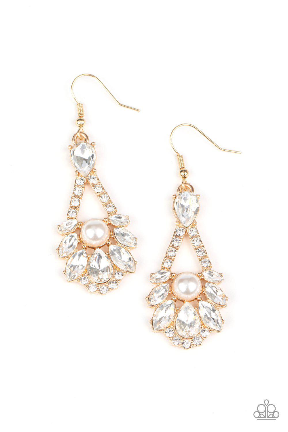 Prismatic Presence Gold and White Rhinestone and Pearl Earrings - Paparazzi Accessories- lightbox - CarasShop.com - Paparazzi Jewelry by Cara Jewels