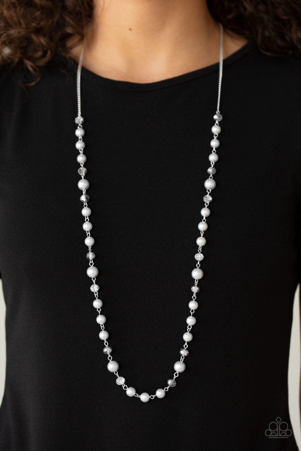 Pristine Prestige Silver Pearl Necklace - Paparazzi Accessories- on model - CarasShop.com - Paparazzi Jewelry by Cara Jewels