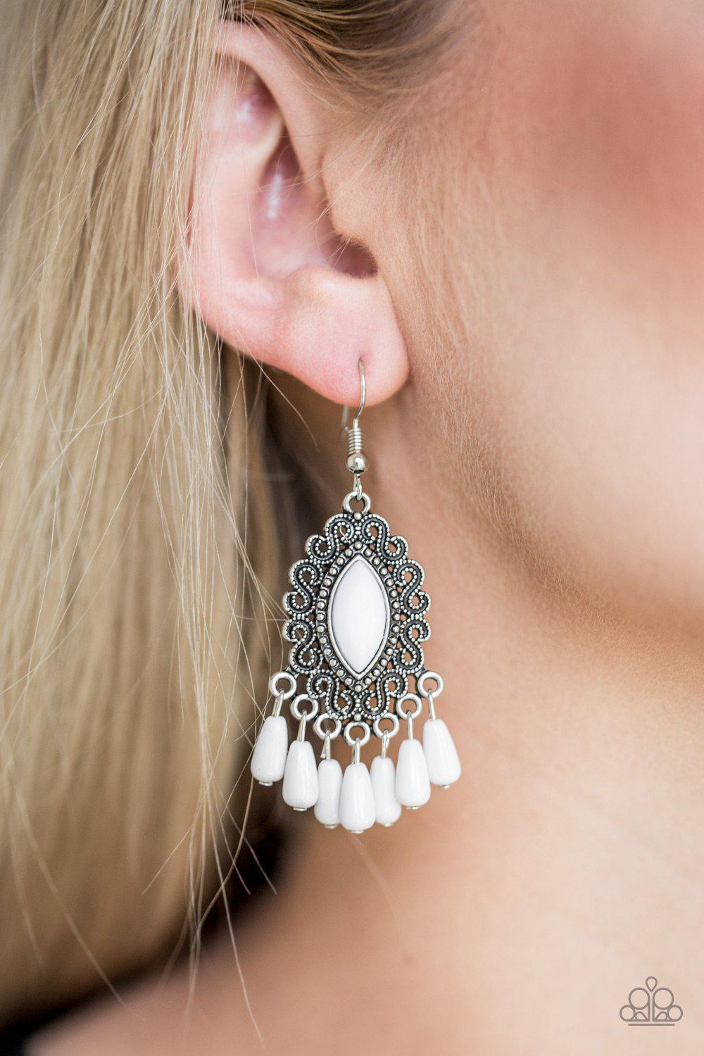 Private Villa White Earrings - Paparazzi Accessories- lightbox - CarasShop.com - Paparazzi Jewelry by Cara Jewels