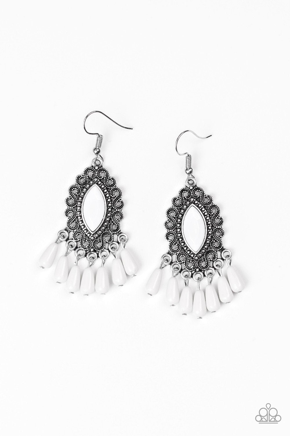 Private Villa White Earrings - Paparazzi Accessories- on model - CarasShop.com - Paparazzi Jewelry by Cara Jewels