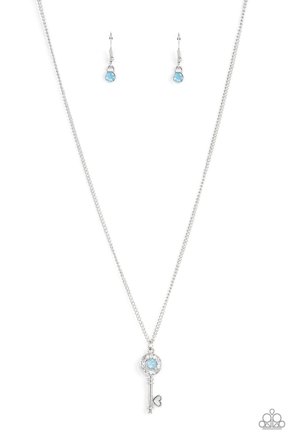 Prized Key Player Opal Blue Rhinestone Key Necklace - Paparazzi Accessories- lightbox - CarasShop.com - Paparazzi Jewelry by Cara Jewels