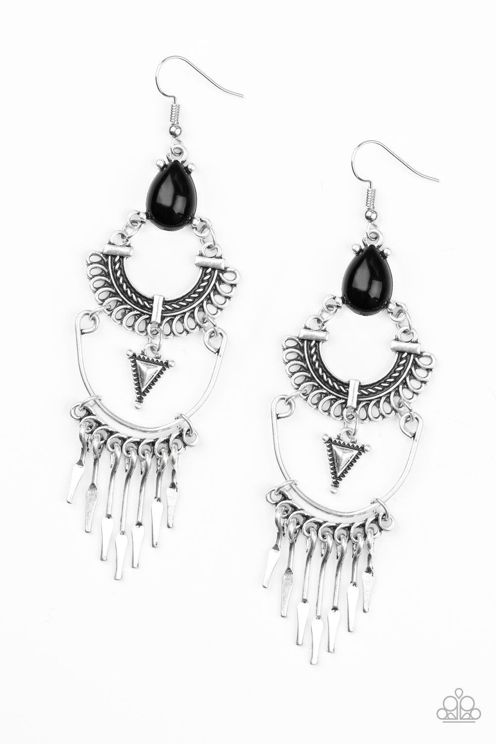 Progressively Pioneer Silver and Black Earrings - Paparazzi Accessories- on model - CarasShop.com - Paparazzi Jewelry by Cara Jewels