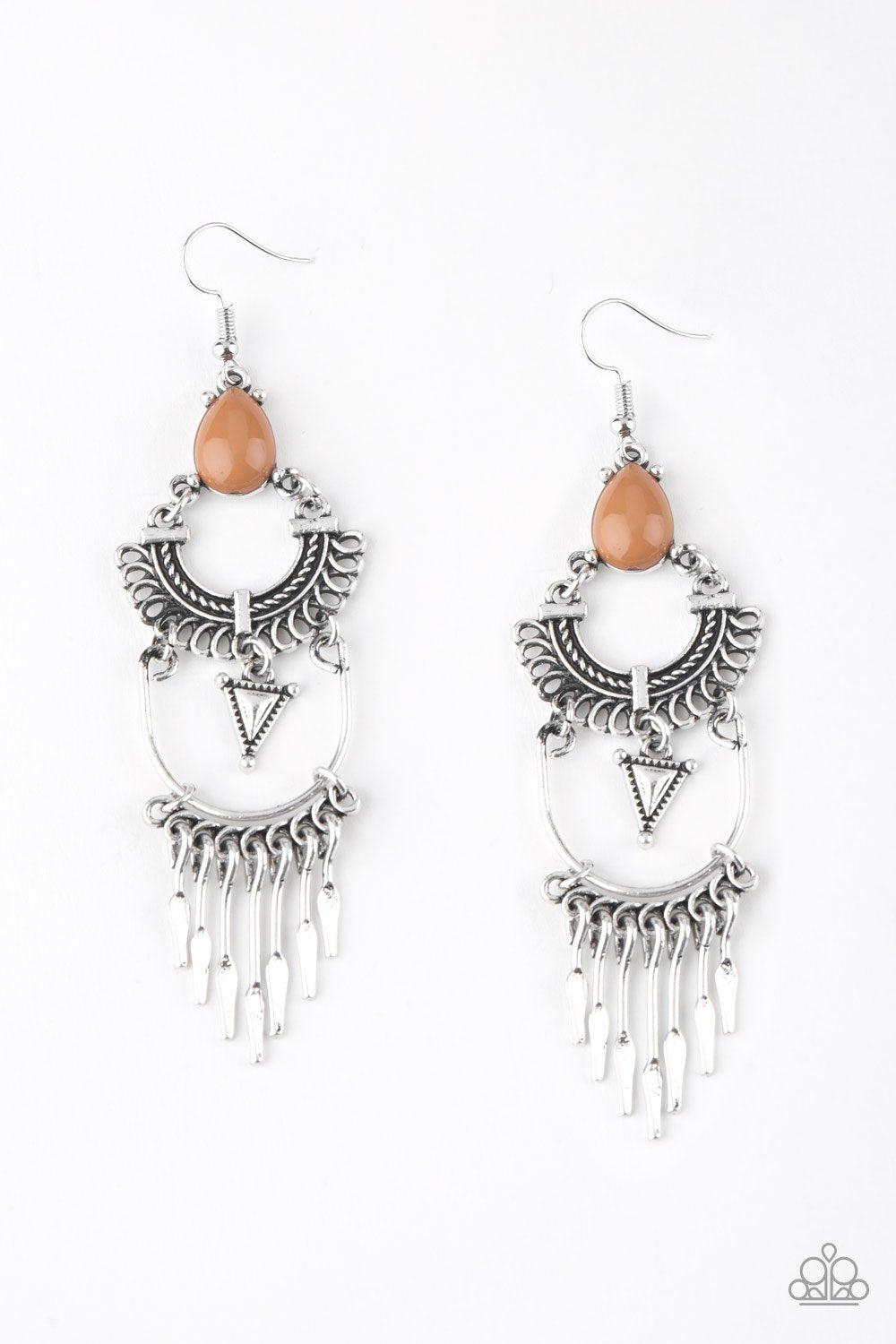 Progressively Pioneer Silver and Brown Earrings - Paparazzi Accessories- lightbox - CarasShop.com - Paparazzi Jewelry by Cara Jewels