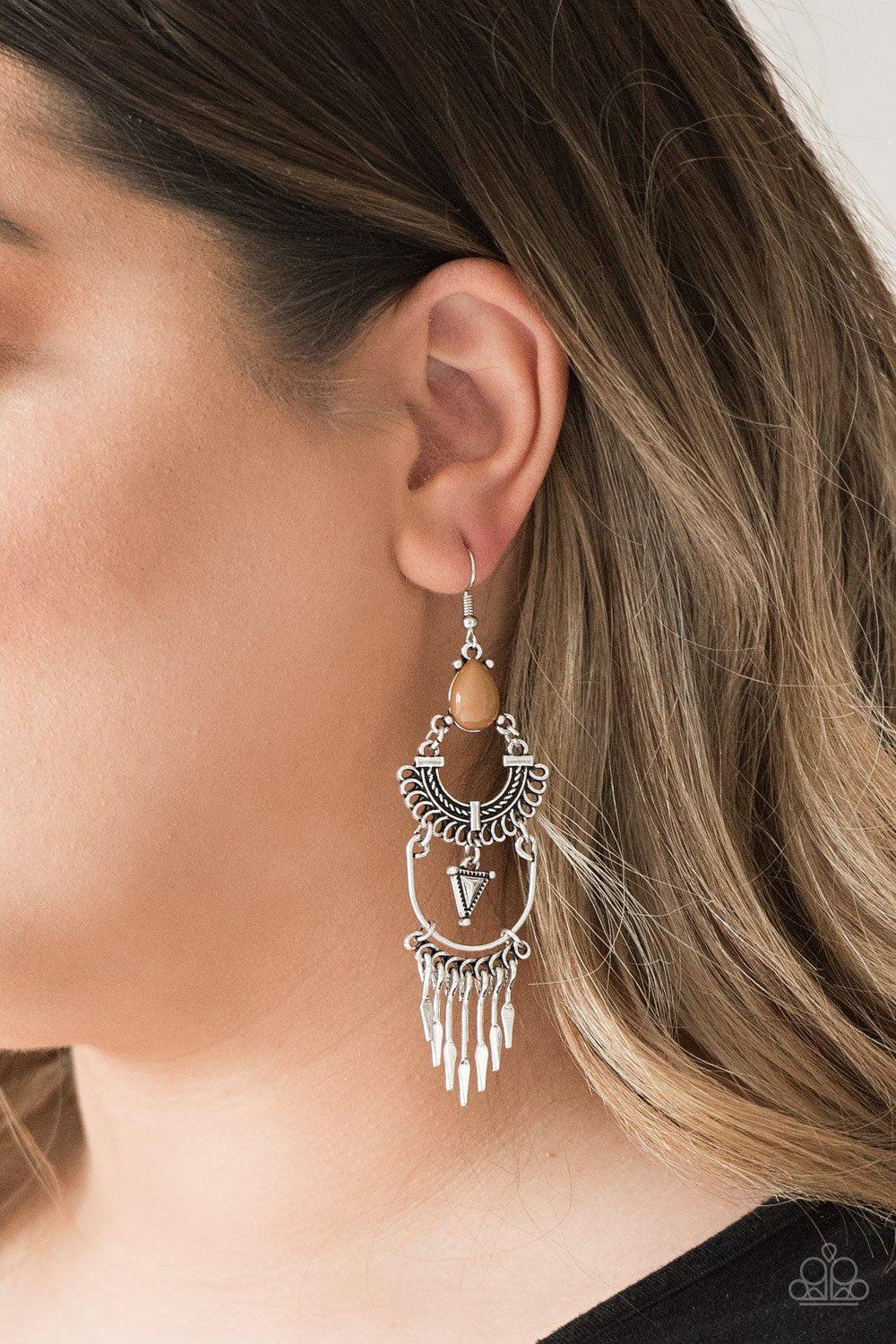Progressively Pioneer Silver and Brown Earrings - Paparazzi Accessories- on model - CarasShop.com - Paparazzi Jewelry by Cara Jewels