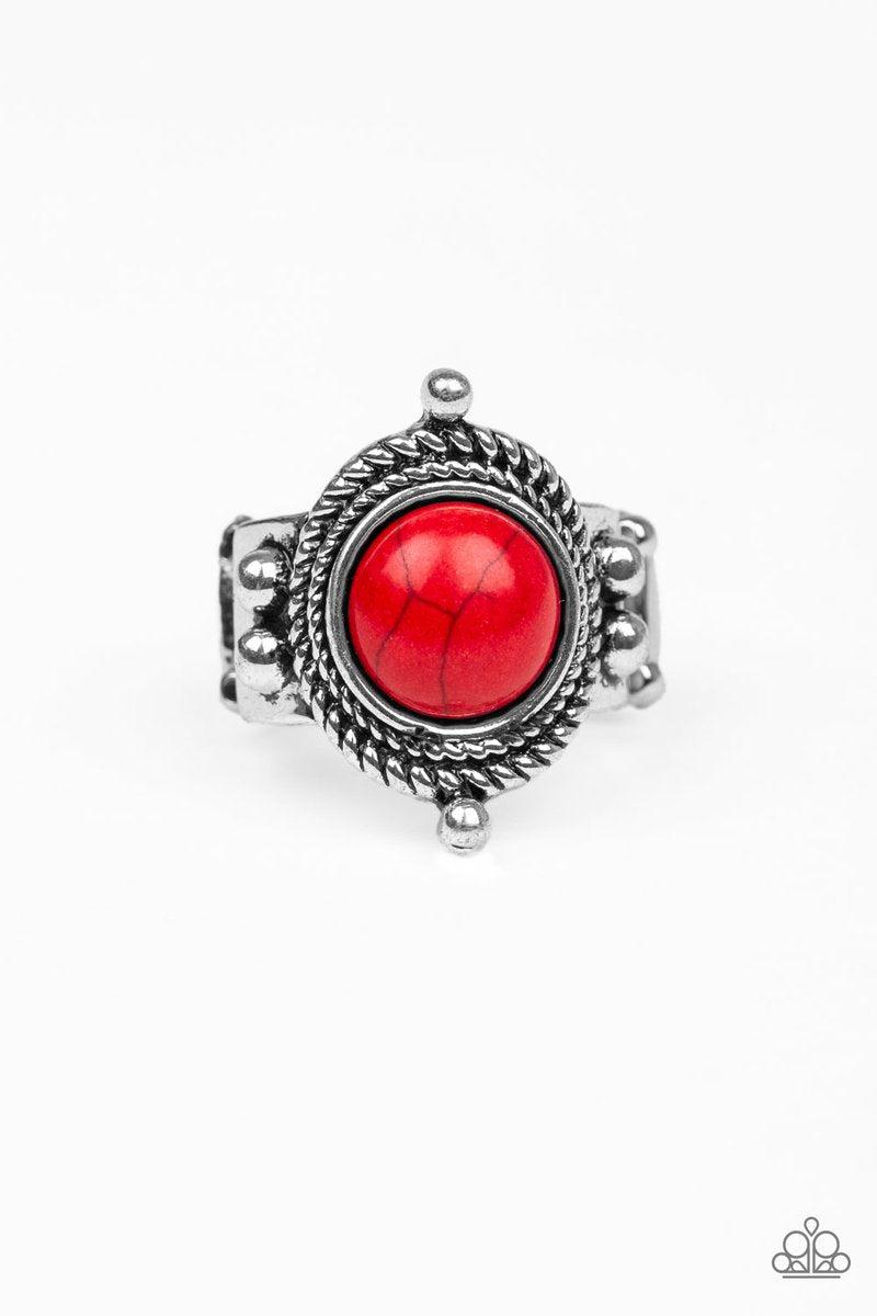 Prone To Wander Red Stone Ring - Paparazzi Accessories- on model - CarasShop.com - Paparazzi Jewelry by Cara Jewels