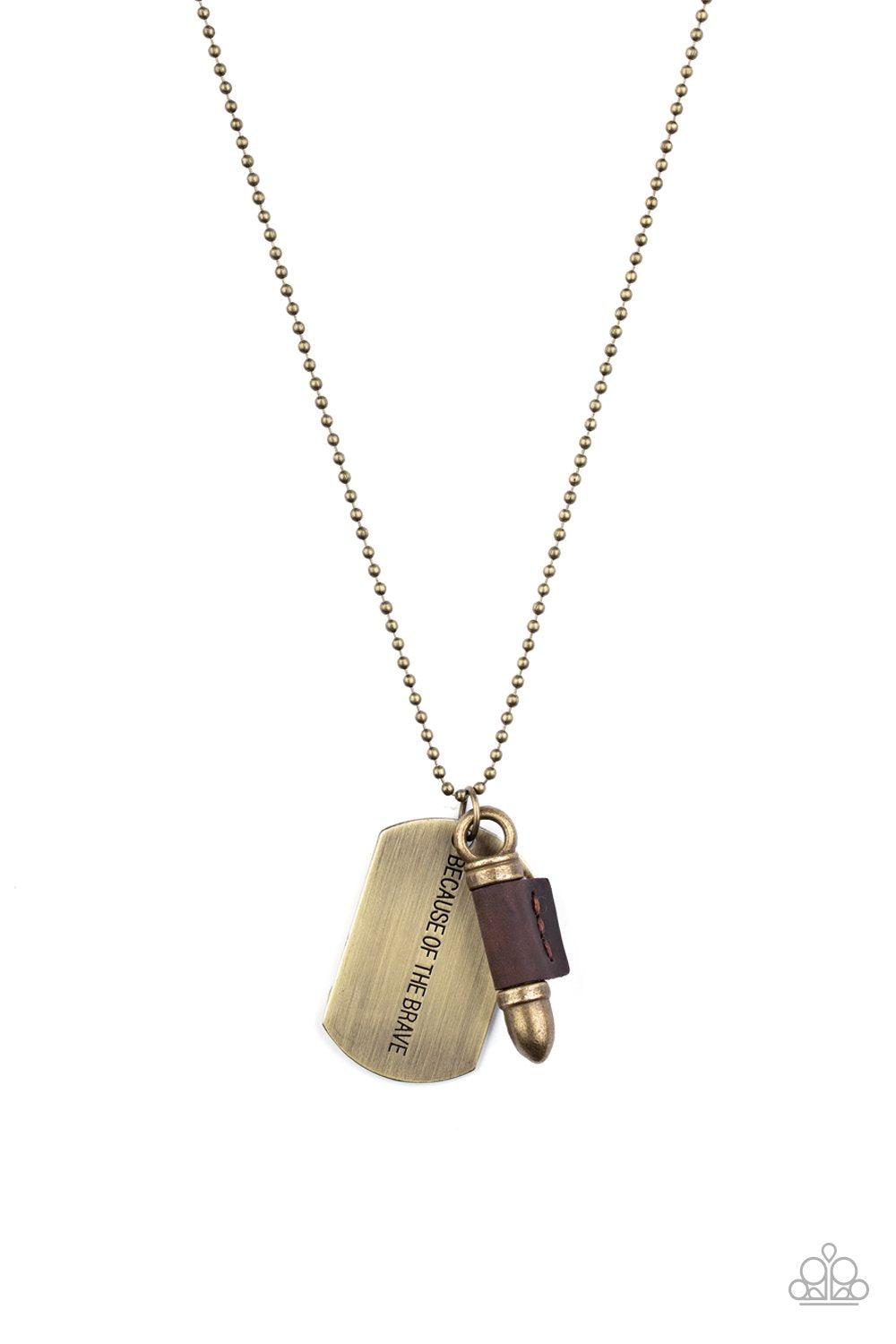Proud Patriot Brass Dog Tag Urban Necklace - Paparazzi Accessories- on model - CarasShop.com - Paparazzi Jewelry by Cara Jewels