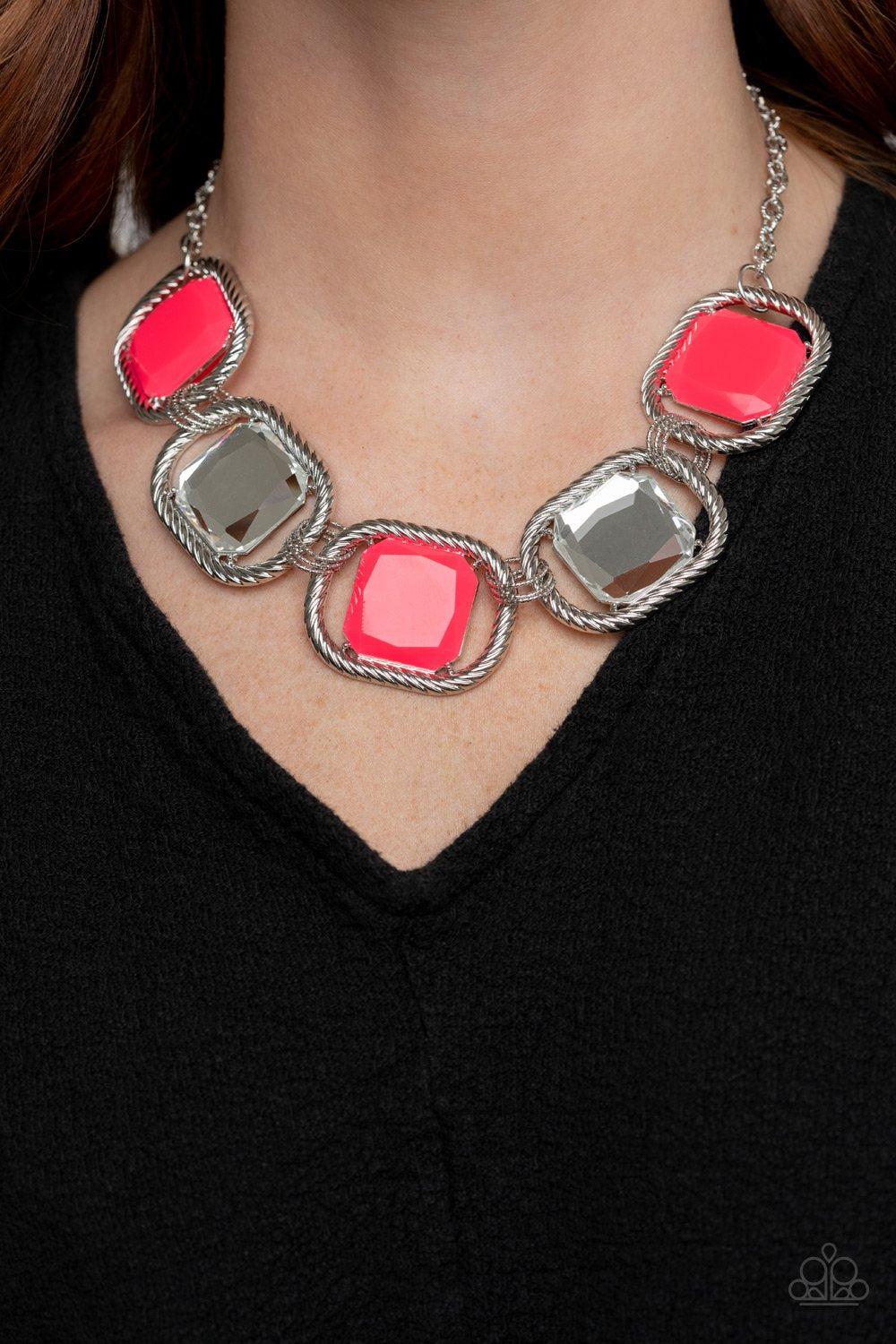 Pucker Up Neon Pink and White Gem Necklace - Paparazzi Accessories- on model - CarasShop.com - Paparazzi Jewelry by Cara Jewels