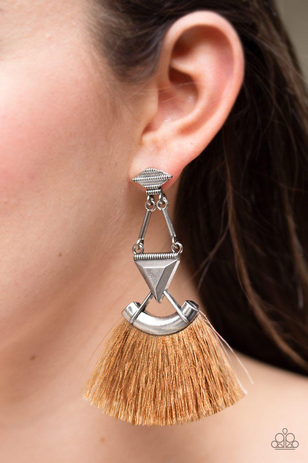 Puma Prowl Silver and Brown Fringe Earrings - Paparazzi Accessories- lightbox - CarasShop.com - Paparazzi Jewelry by Cara Jewels