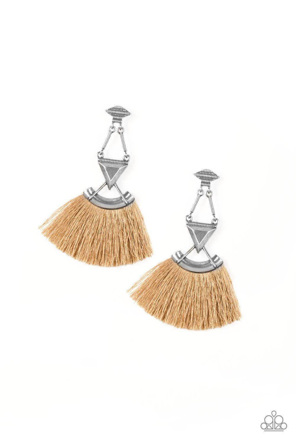 Puma Prowl Silver and Brown Fringe Earrings - Paparazzi Accessories- on model - CarasShop.com - Paparazzi Jewelry by Cara Jewels