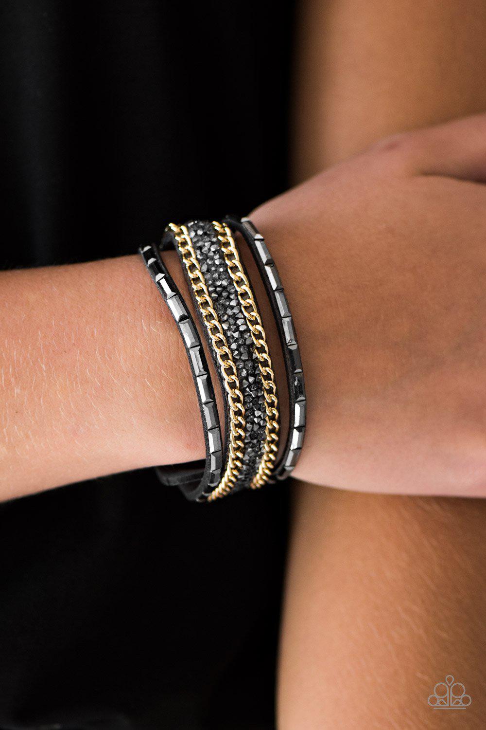 Punk Princess Black and Gold Urban Wrap Snap Bracelet - Paparazzi Accessories- lightbox - CarasShop.com - Paparazzi Jewelry by Cara Jewels