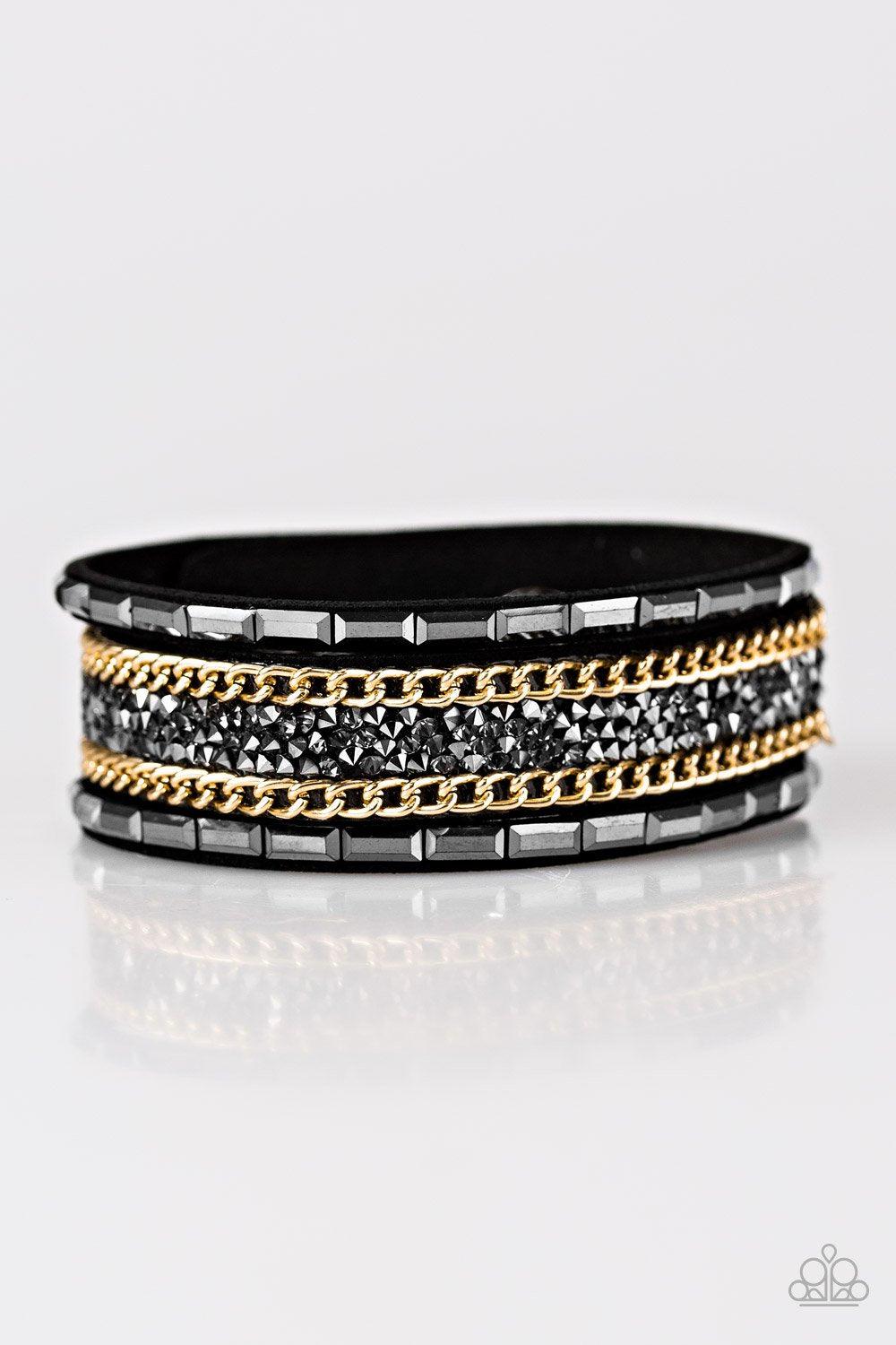 Punk Princess Black and Gold Urban Wrap Snap Bracelet - Paparazzi Accessories- on model - CarasShop.com - Paparazzi Jewelry by Cara Jewels