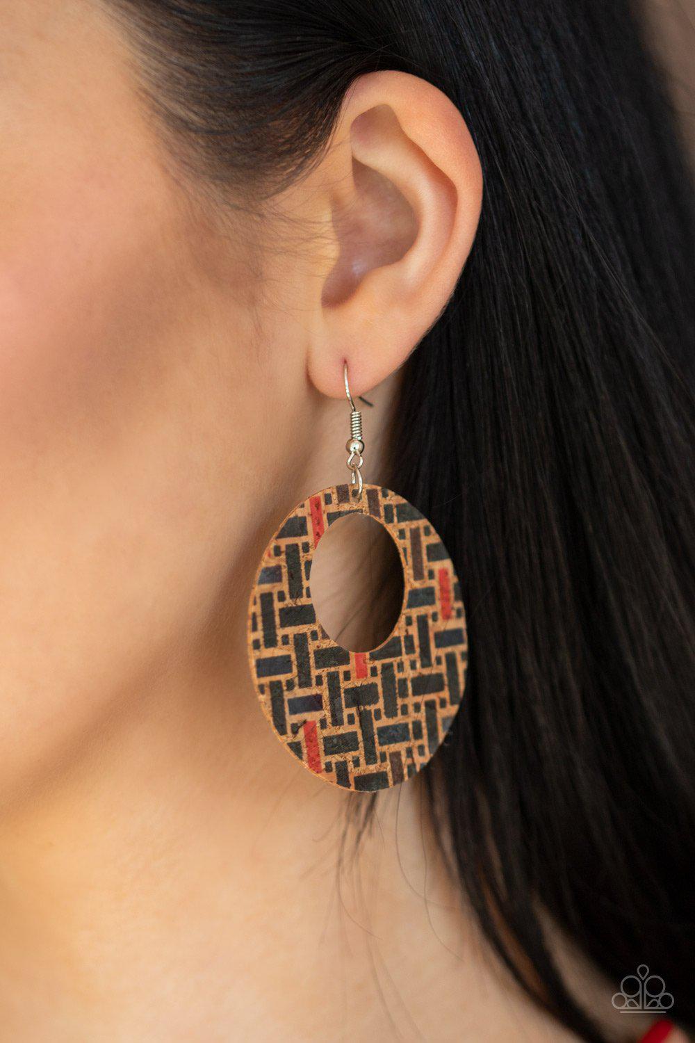 Put A Cork In It Black Earrings - Paparazzi Accessories- on model - CarasShop.com - Paparazzi Jewelry by Cara Jewels