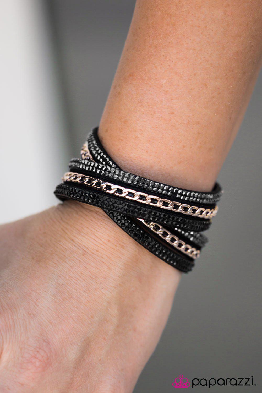 Put On Your Game Face Black and Gold Urban Double-wrap Snap Bracelet - Paparazzi Accessories- lightbox - CarasShop.com - Paparazzi Jewelry by Cara Jewels