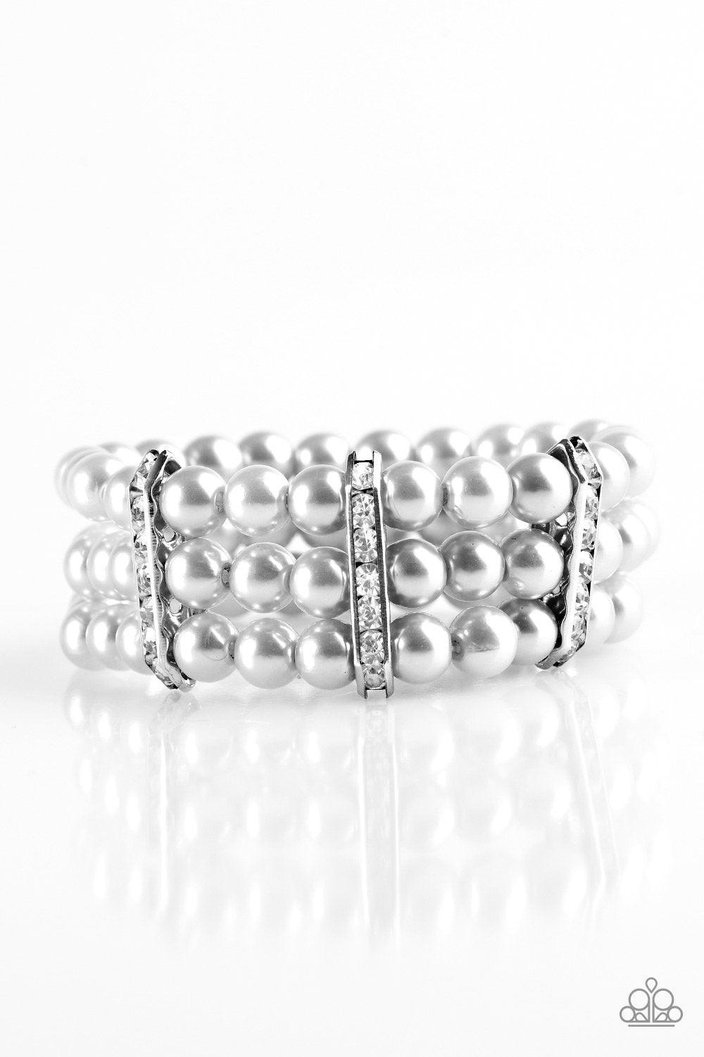 Put On Your Glam Face Silver Pearl Stretch Bracelet - Paparazzi Accessories- on model - CarasShop.com - Paparazzi Jewelry by Cara Jewels