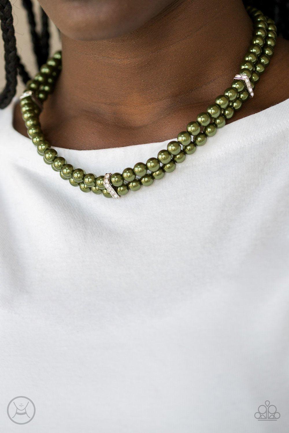 Put On Your Party Dress Green Pearl Necklace - Paparazzi Accessories- on model - CarasShop.com - Paparazzi Jewelry by Cara Jewels