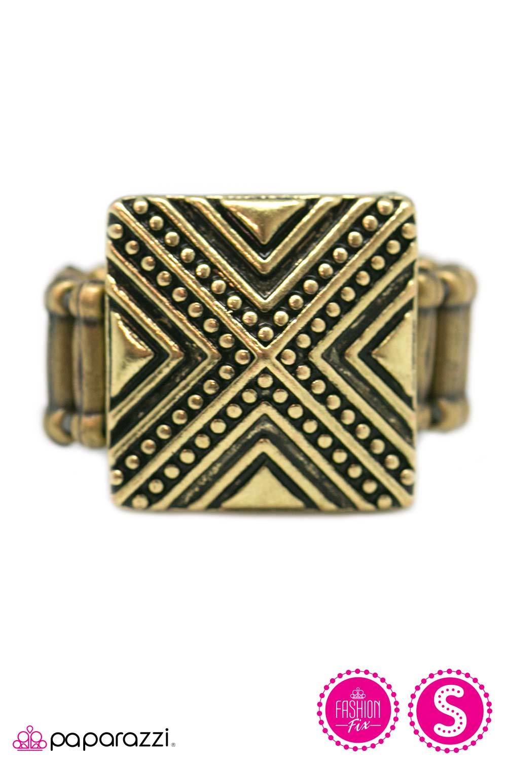 Pyramid Scheme Brass Ring - Paparazzi Accessories- on model - CarasShop.com - Paparazzi Jewelry by Cara Jewels