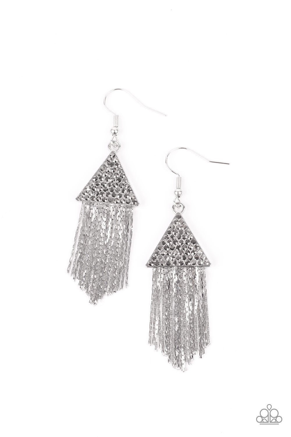 Pyramid SHEEN Silver Hematite and Chain Fringe Earrings - Paparazzi Accessories- lightbox - CarasShop.com - Paparazzi Jewelry by Cara Jewels