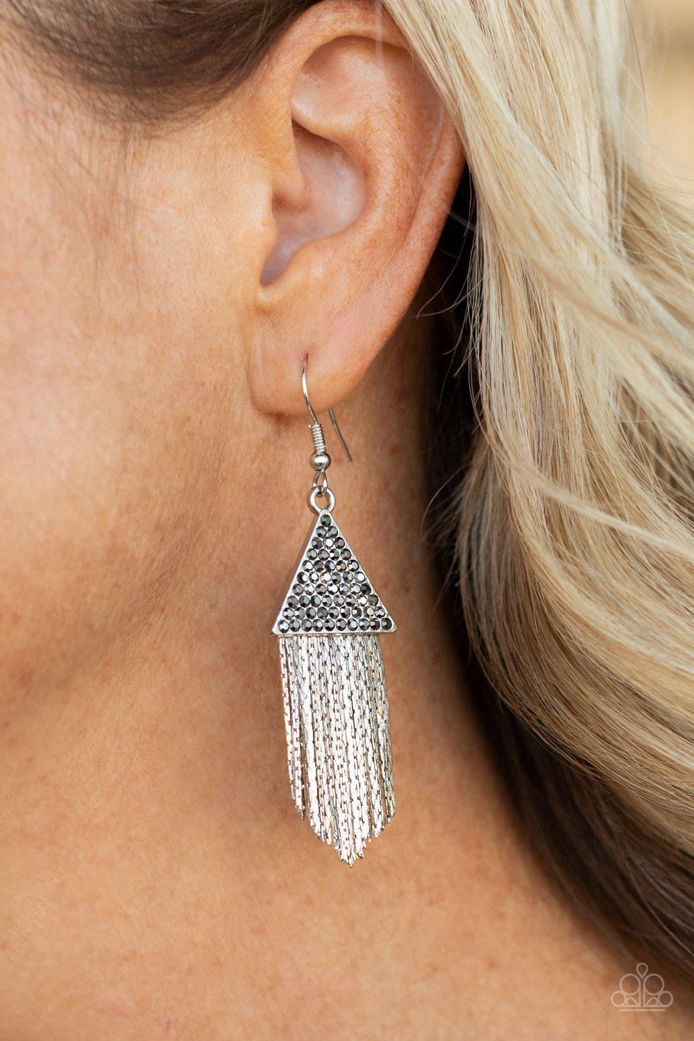 Pyramid SHEEN Silver Hematite and Chain Fringe Earrings - Paparazzi Accessories- lightbox - CarasShop.com - Paparazzi Jewelry by Cara Jewels