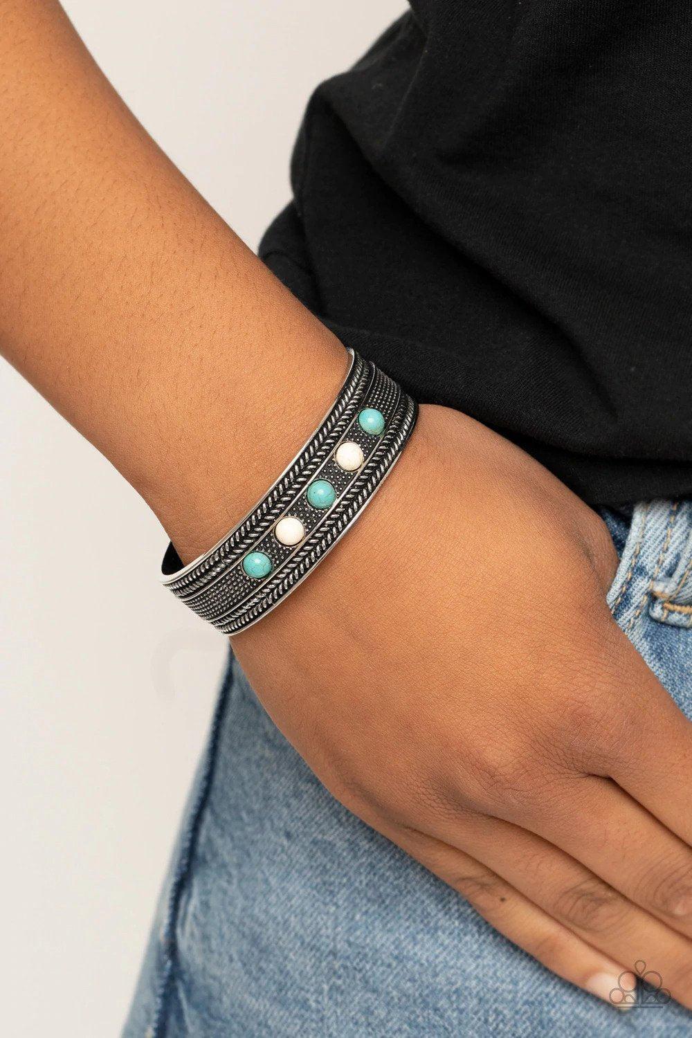 Quarry Quake Blue and Silver Cuff Bracelet - Paparazzi Accessories- on model - CarasShop.com - Paparazzi Jewelry by Cara Jewels