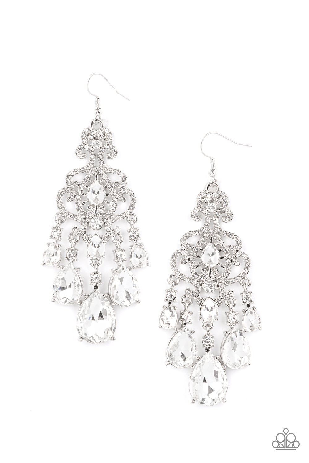 Queen Of All Things Sparkly White Rhinestone Chandelier Earrings - Paparazzi Accessories 2021 EMP Exclusive- lightbox - CarasShop.com - Paparazzi Jewelry by Cara Jewels