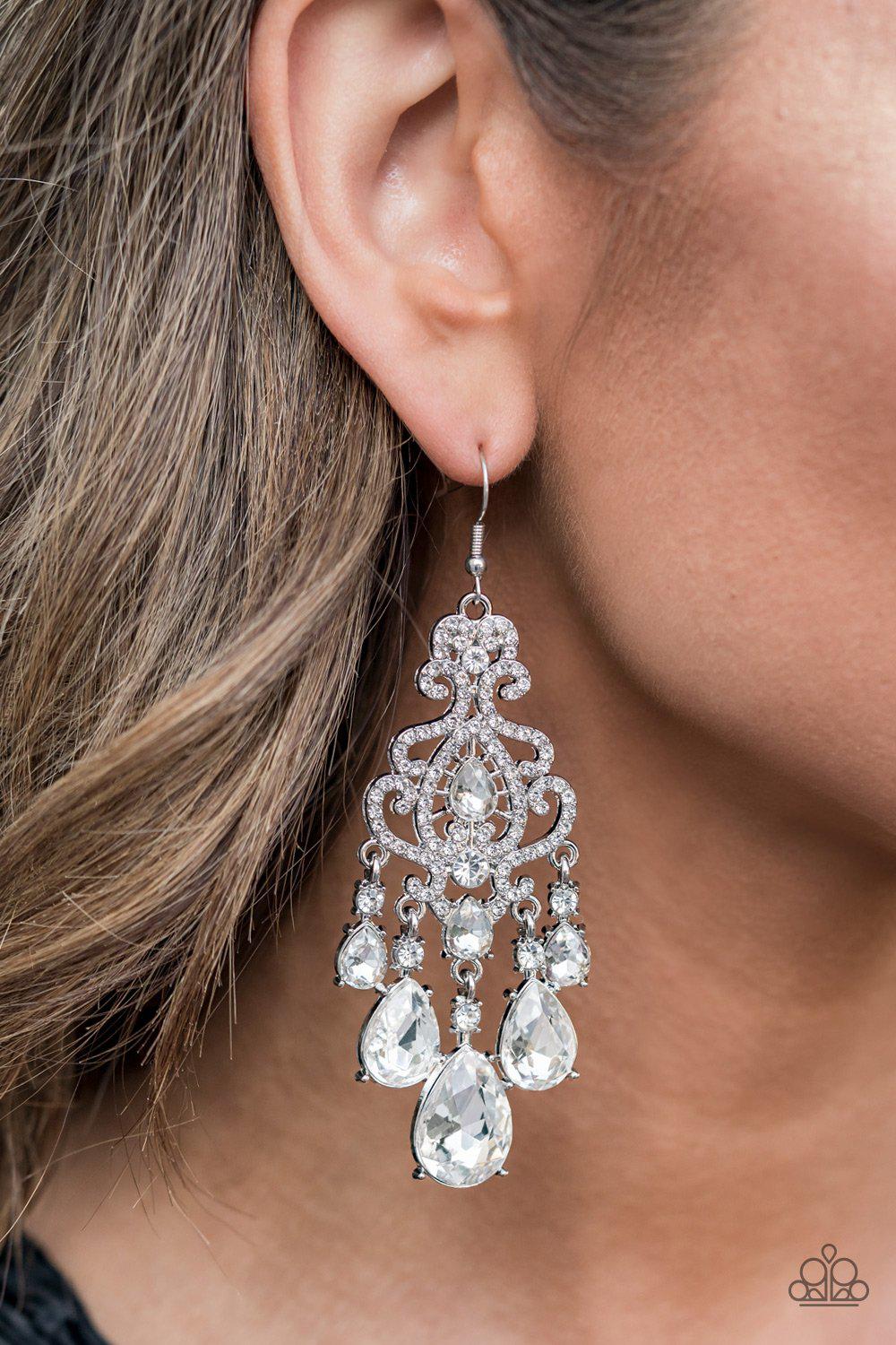 Queen Of All Things Sparkly White Rhinestone Chandelier Earrings - Paparazzi Accessories 2021 EMP Exclusive- lightbox - CarasShop.com - Paparazzi Jewelry by Cara Jewels