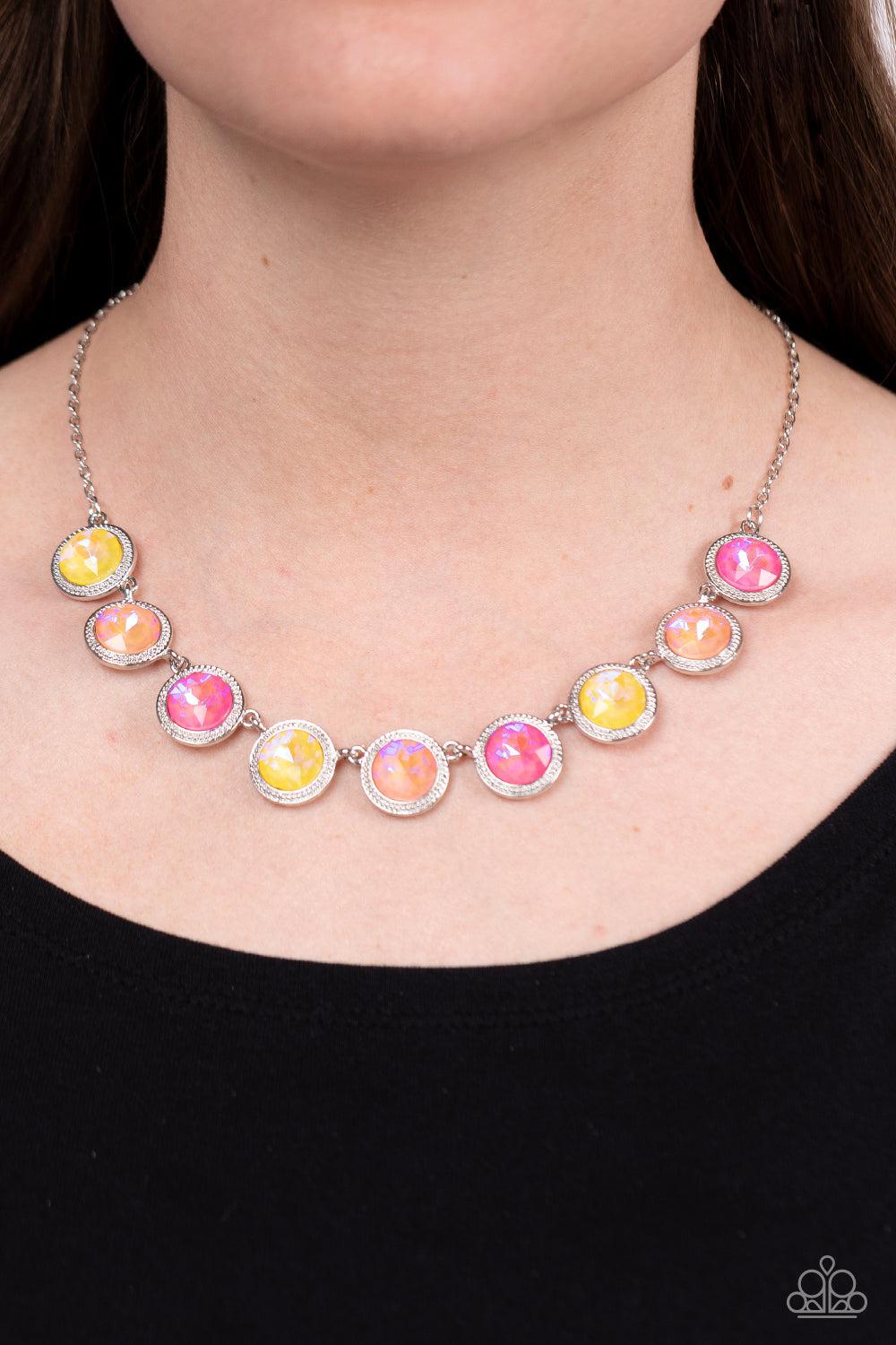 Queen of the Cosmos Iridescent Yellow, Pink & Coral Gem Necklace - Paparazzi Accessories- on model - CarasShop.com - Paparazzi Jewelry by Cara Jewels