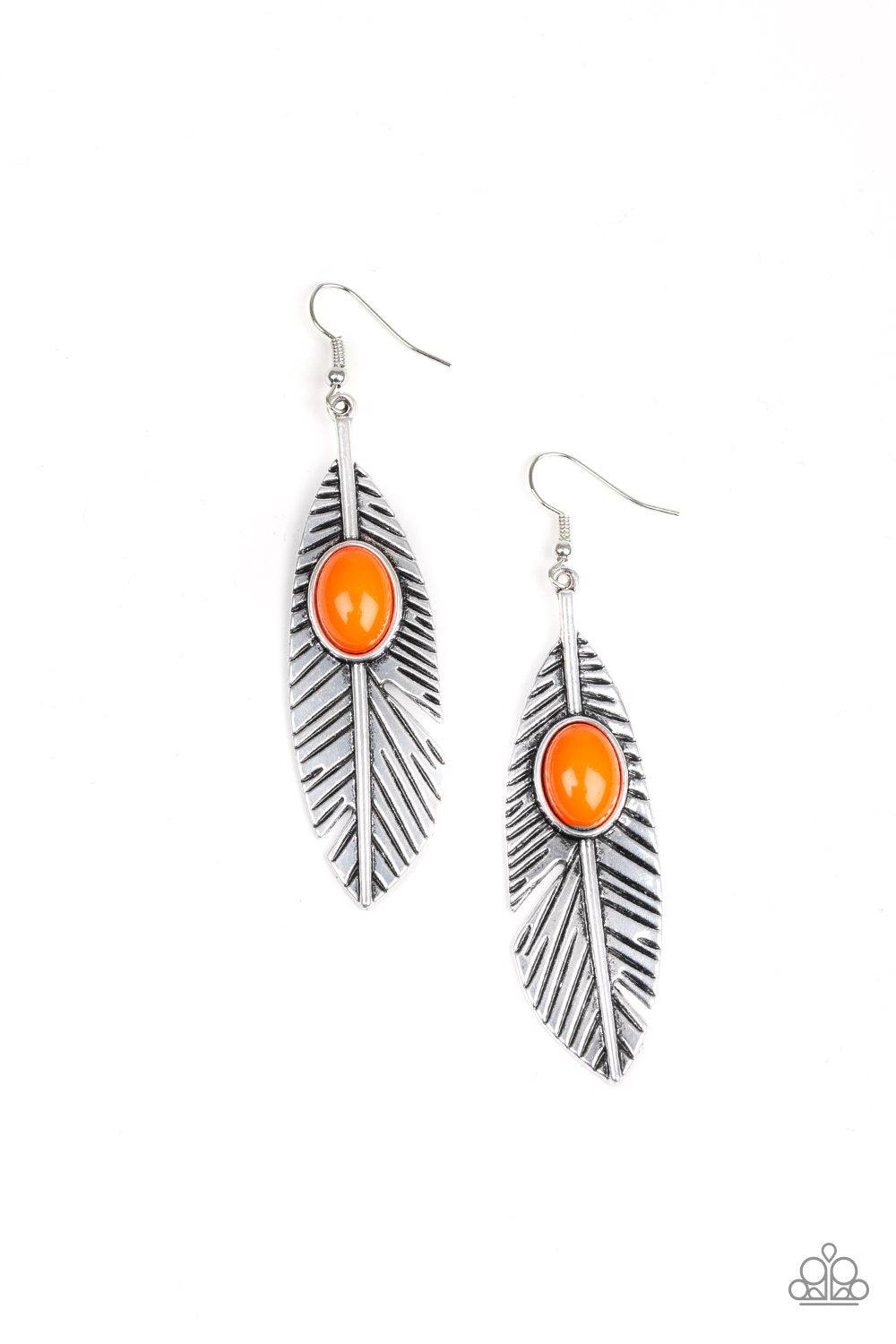 Quill Thrill Orange Earrings - Paparazzi Accessories- on model - CarasShop.com - Paparazzi Jewelry by Cara Jewels