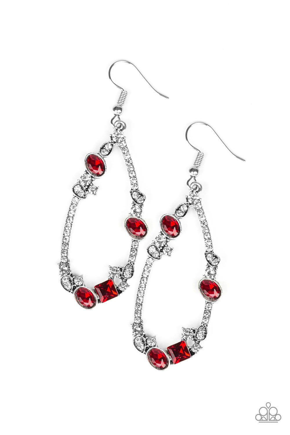 Quite The Collection Red and White Rhinestone Earrings - Paparazzi Accessories- on model - CarasShop.com - Paparazzi Jewelry by Cara Jewels