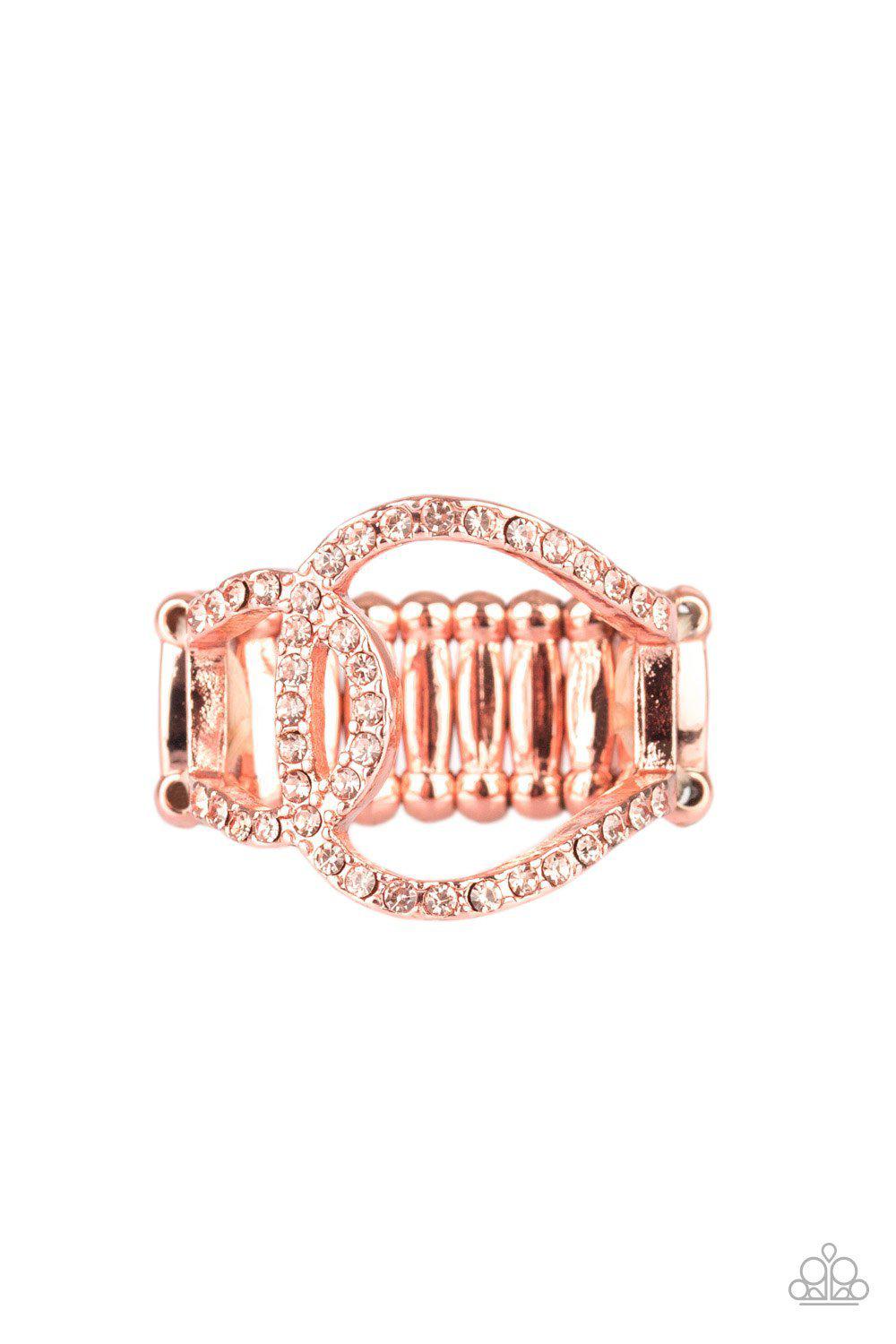 Radial Radiance Copper and Rhinestone Ring - Paparazzi Accessories- on model - CarasShop.com - Paparazzi Jewelry by Cara Jewels