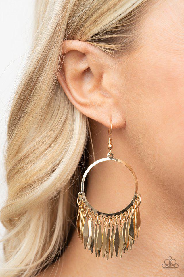 Radiant Chimes Gold Earrings - Paparazzi Accessories- on model - CarasShop.com - Paparazzi Jewelry by Cara Jewels
