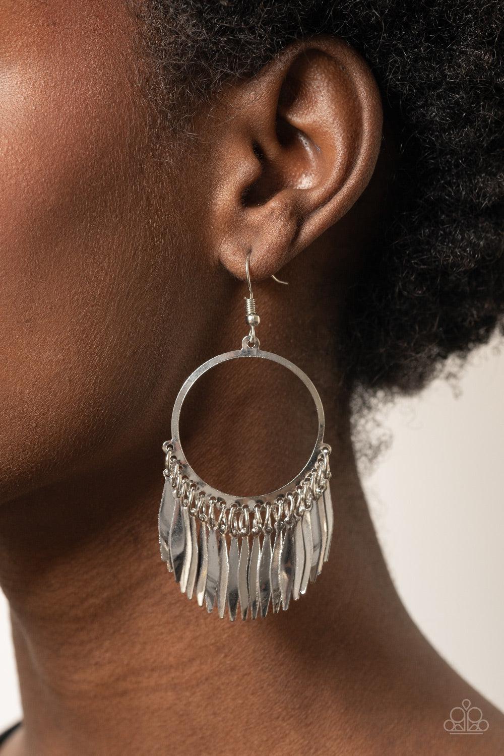 Radiant Chimes Silver Earrings - Paparazzi Accessories- on model - CarasShop.com - Paparazzi Jewelry by Cara Jewels