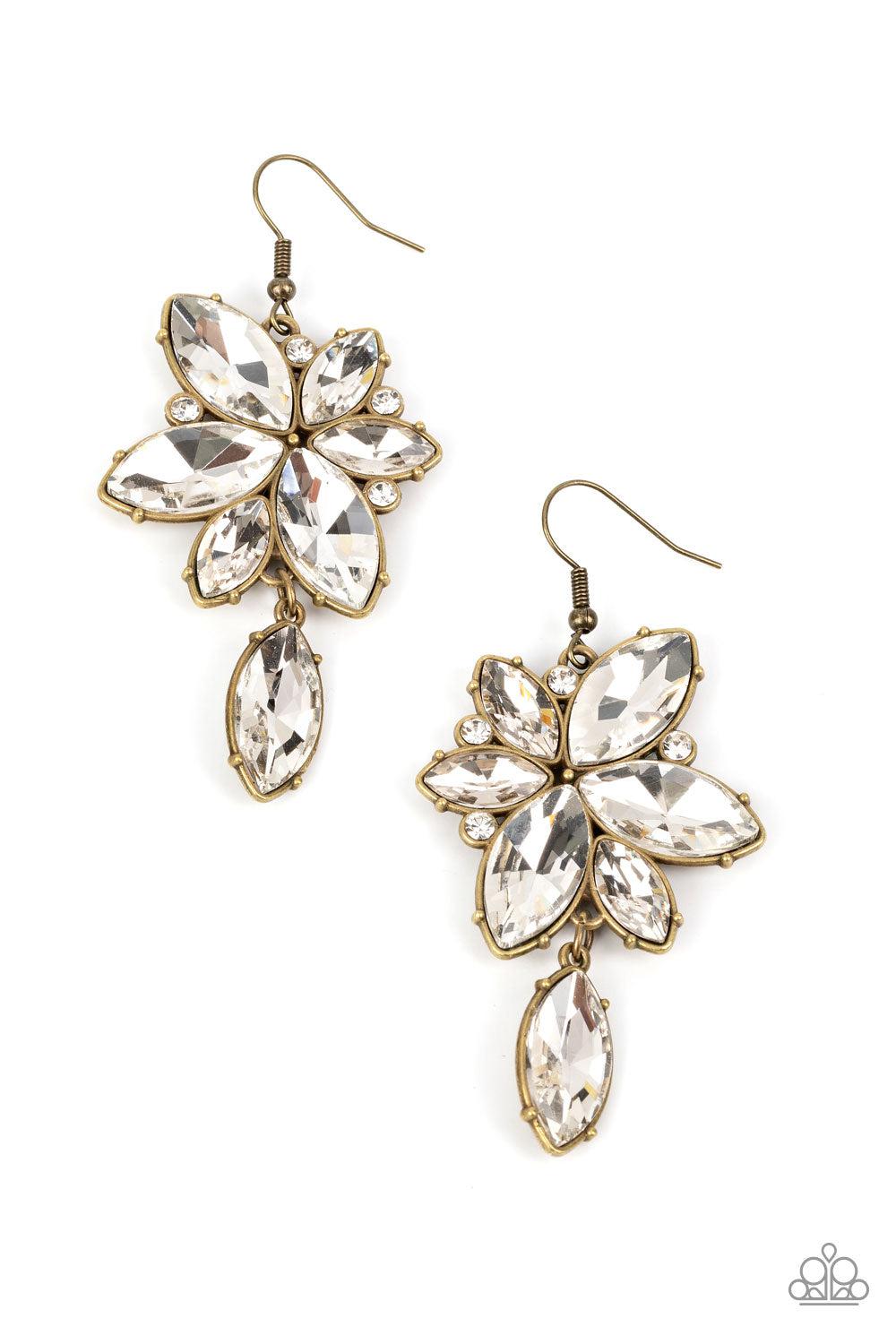Radiant Retrospection Brass and White Rhinestone Earrings - Paparazzi Accessories- lightbox - CarasShop.com - Paparazzi Jewelry by Cara Jewels
