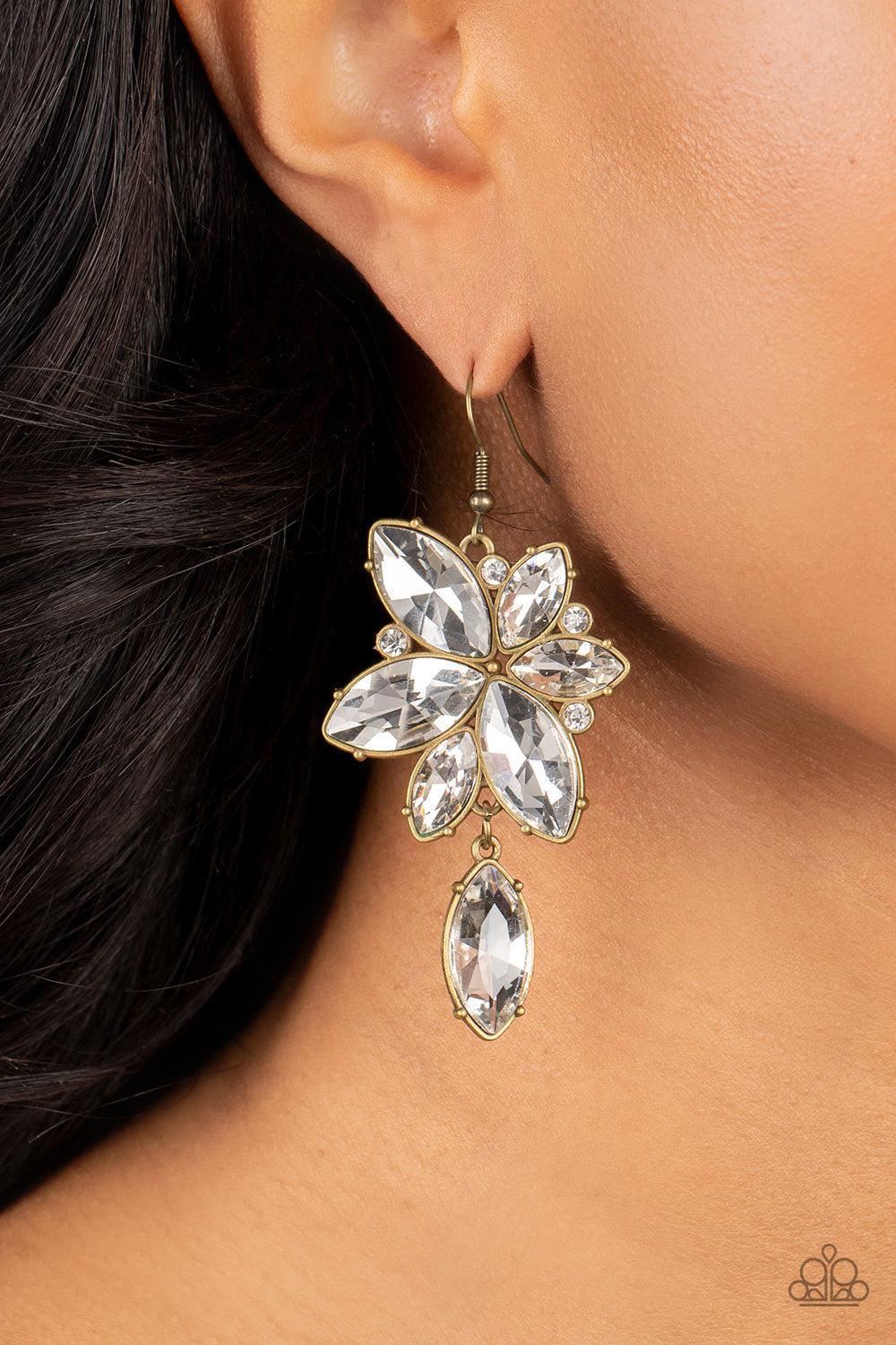 Radiant Retrospection Brass and White Rhinestone Earrings - Paparazzi Accessories- on model - CarasShop.com - Paparazzi Jewelry by Cara Jewels