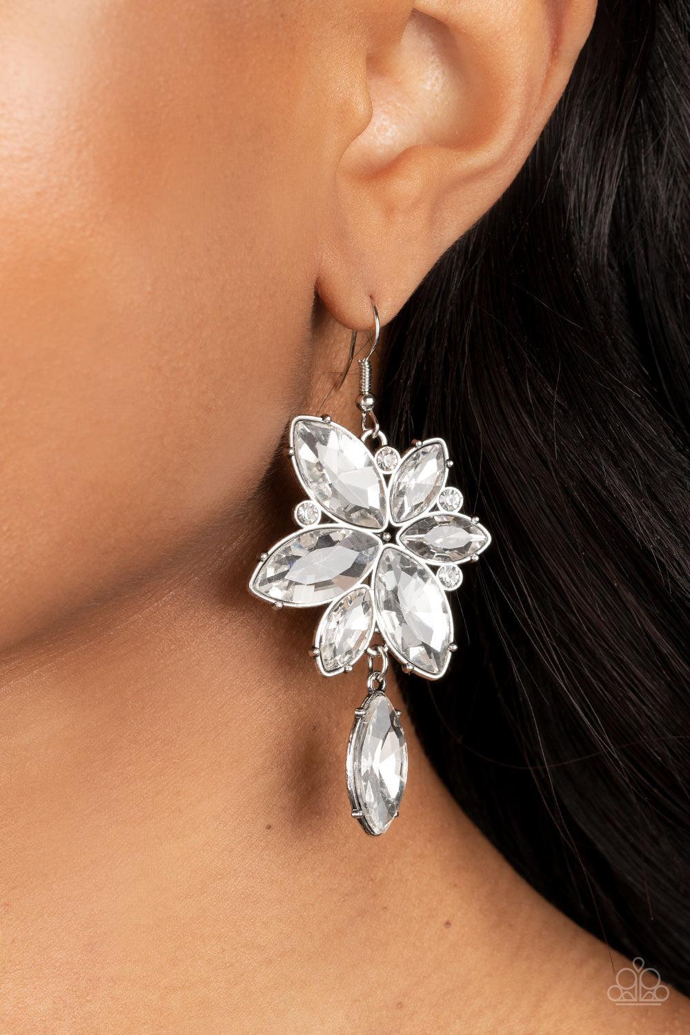Radiant Retrospection White Rhinestone Earrings - Paparazzi Accessories- on model - CarasShop.com - Paparazzi Jewelry by Cara Jewels